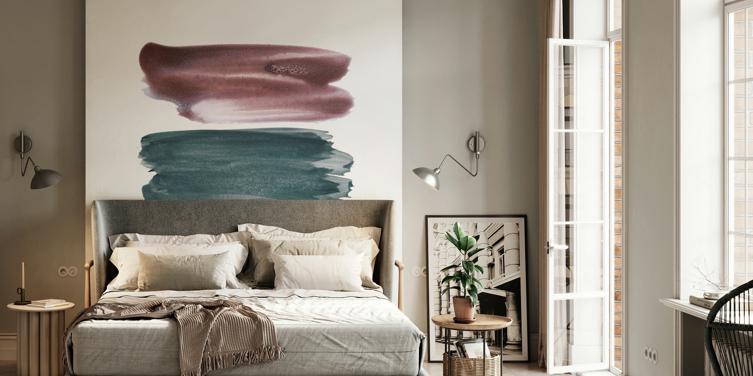 Abstrakti siveltimenvetoinen seinämaalaus vaimeissa väreissä