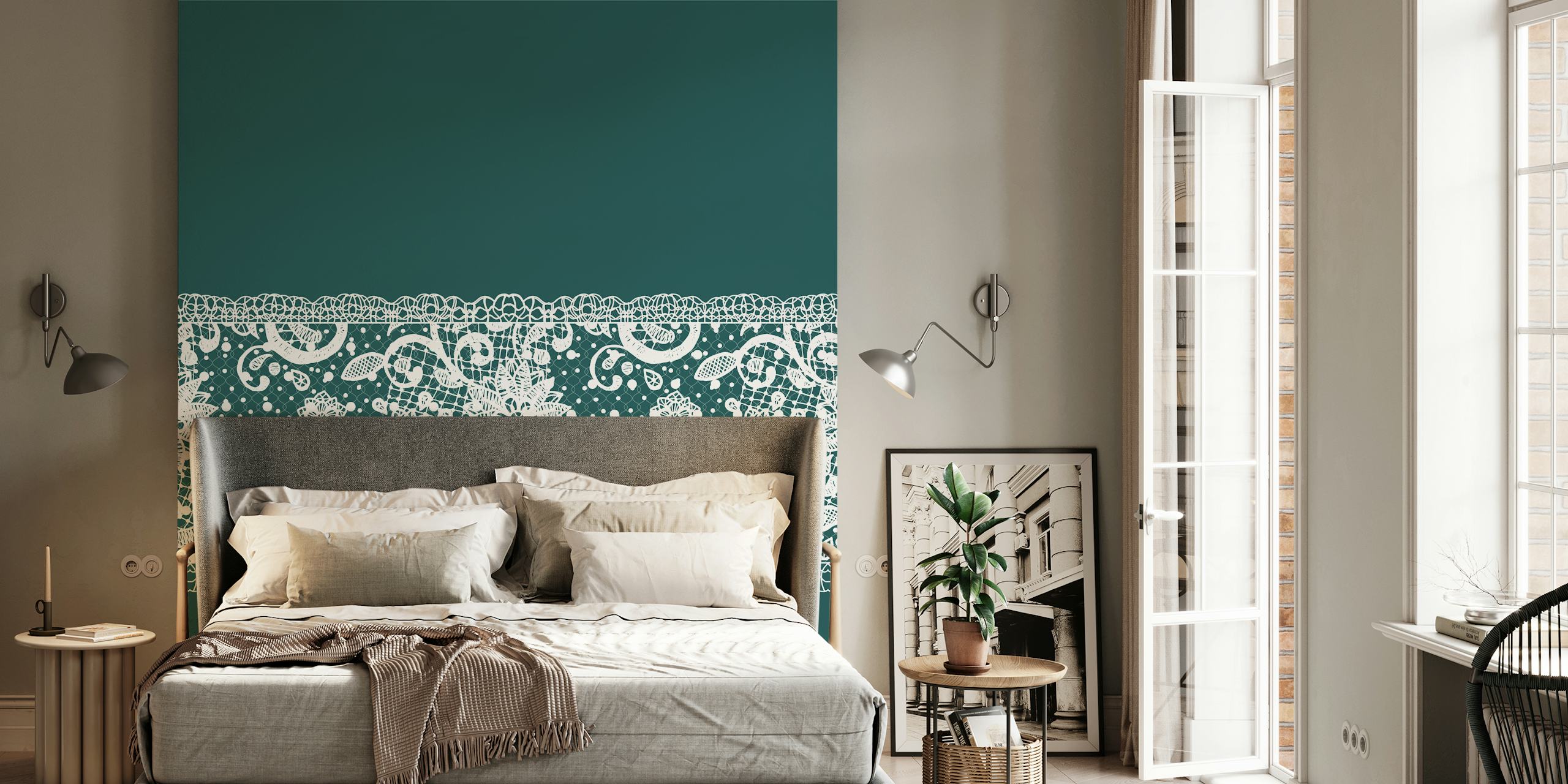 Emerald green background with white intricate lace pattern wall mural