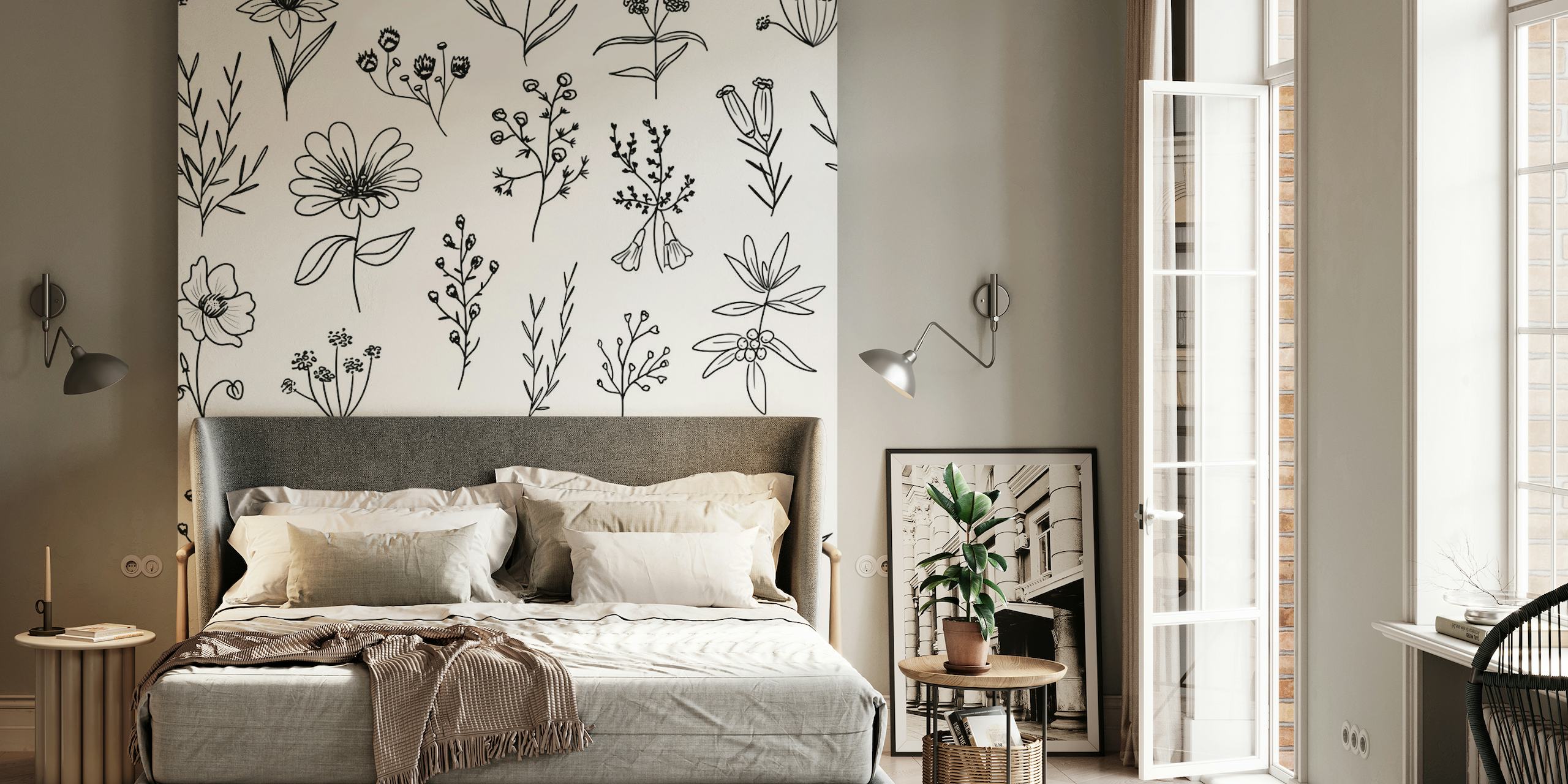 Monochromatic sketch-style Patagonian Flowers wall mural