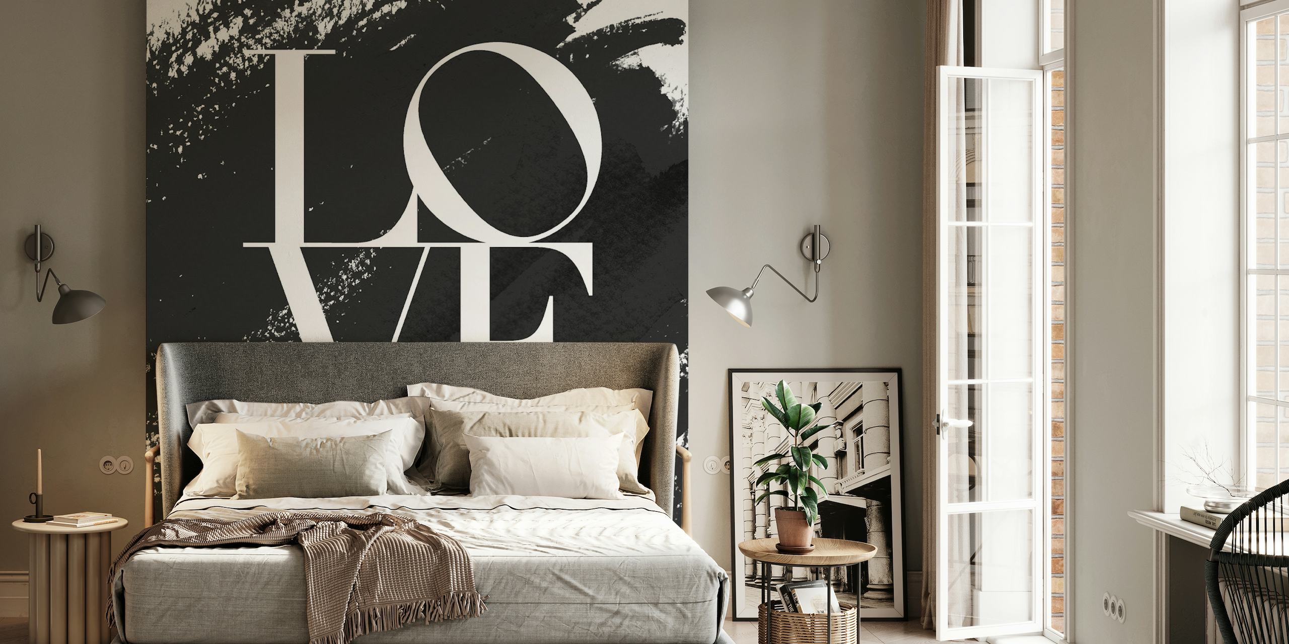 Modern 'Love is the new Black' wall mural with bold black brushstrokes and typography