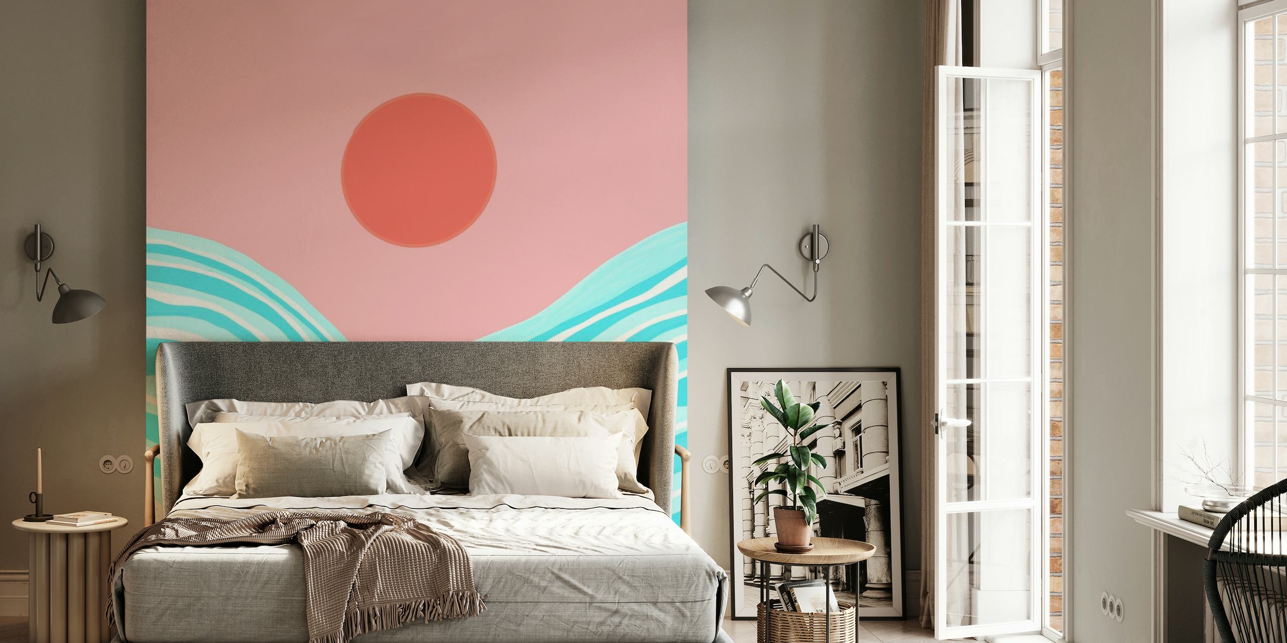 Abstract ocean waves in blue with a pink sky and minimalist sun wall mural