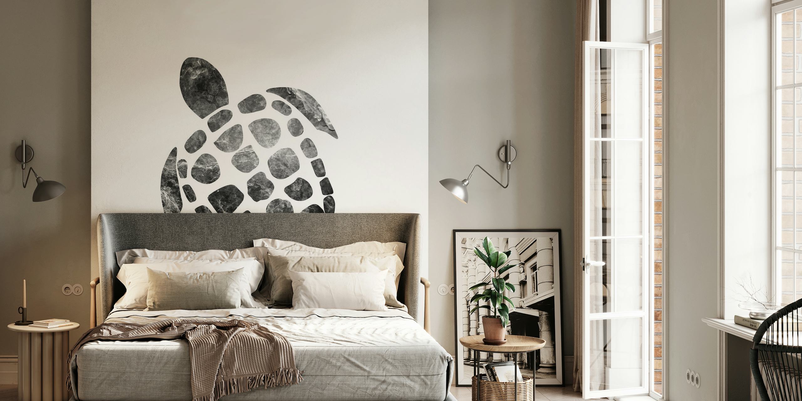 Minimalistički zidni mural s morskom kornjačom u sivim tonovima