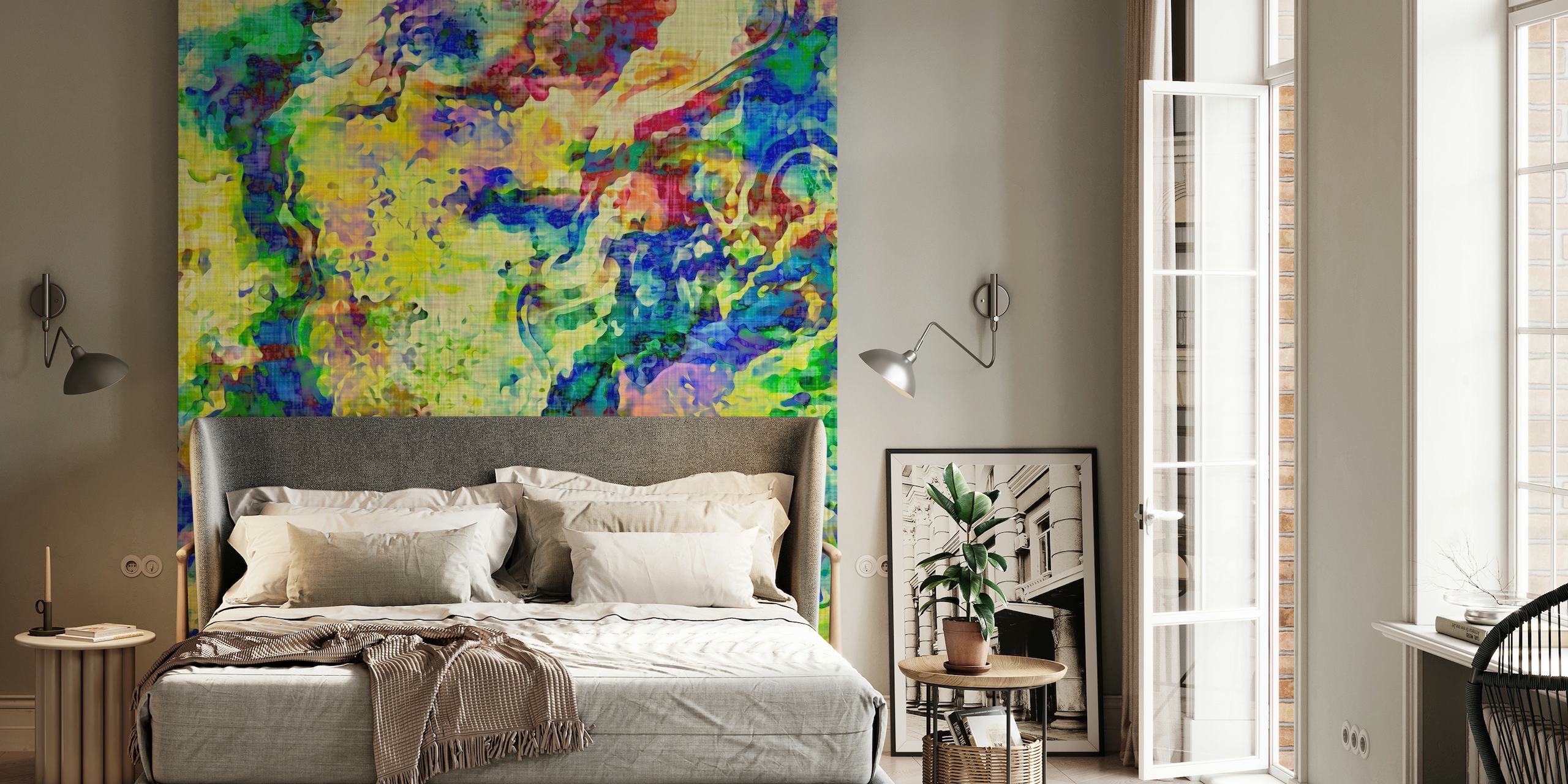 Abstraktní vícebarevná květinová nástěnná malba, která do vašeho interiéru přináší umělecký vkus.