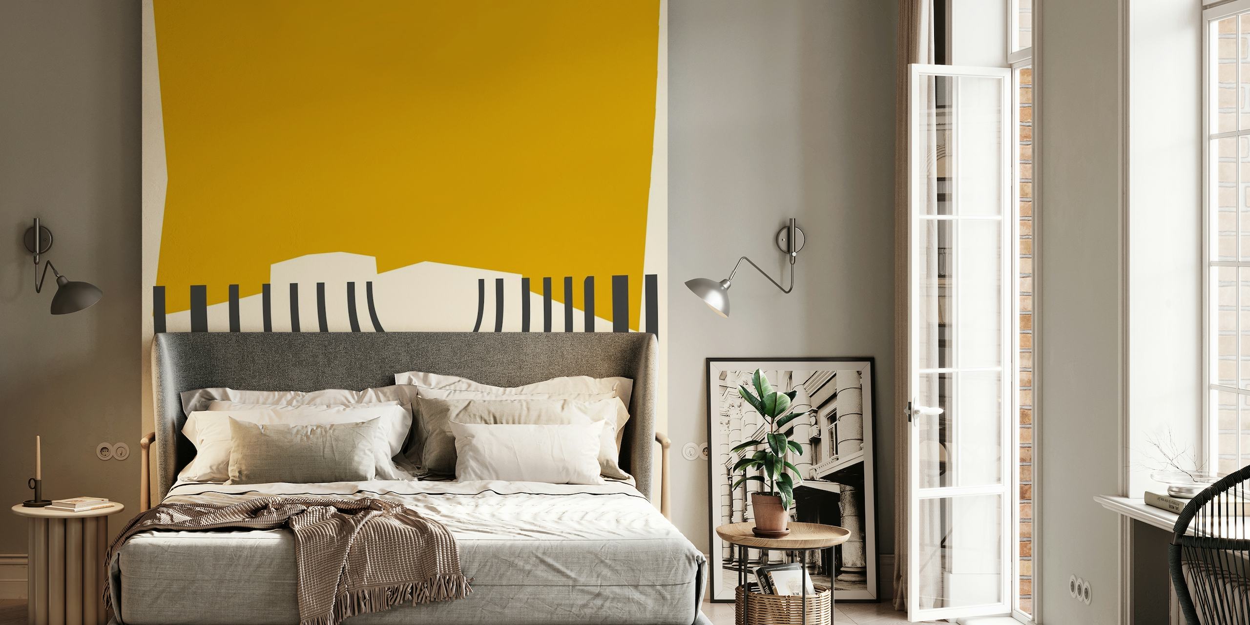 Mural de parede modernista inspirado no vintage com formas geométricas abstratas e detalhes em amarelo mostarda