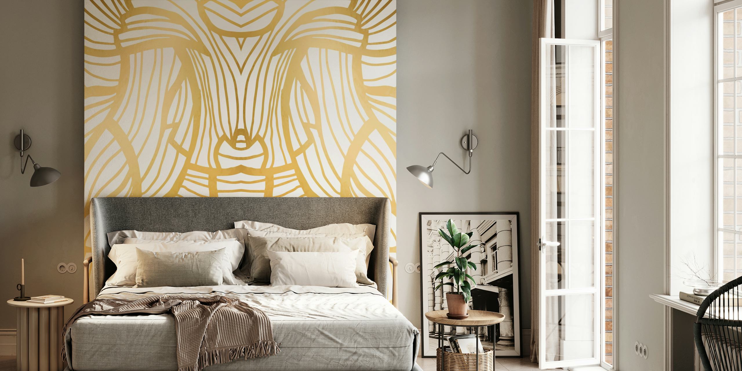 Gold floral patterns with bold line work wallpaper