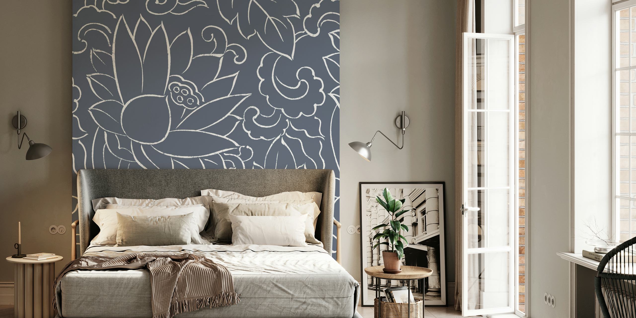 Blue-grey lotus flower wallpaper in a room