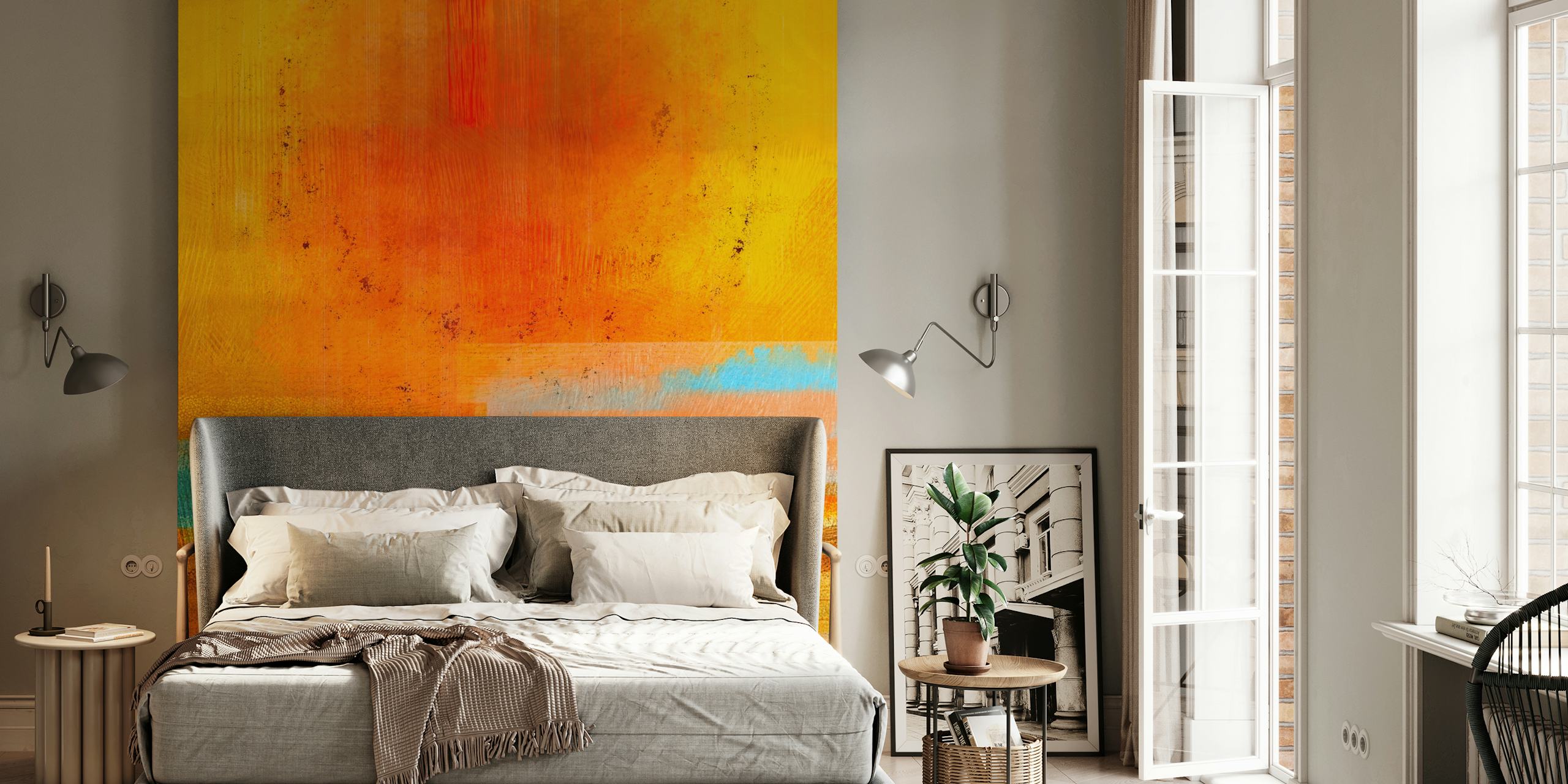 Colorful sunshine-inspired wallpaper in a room