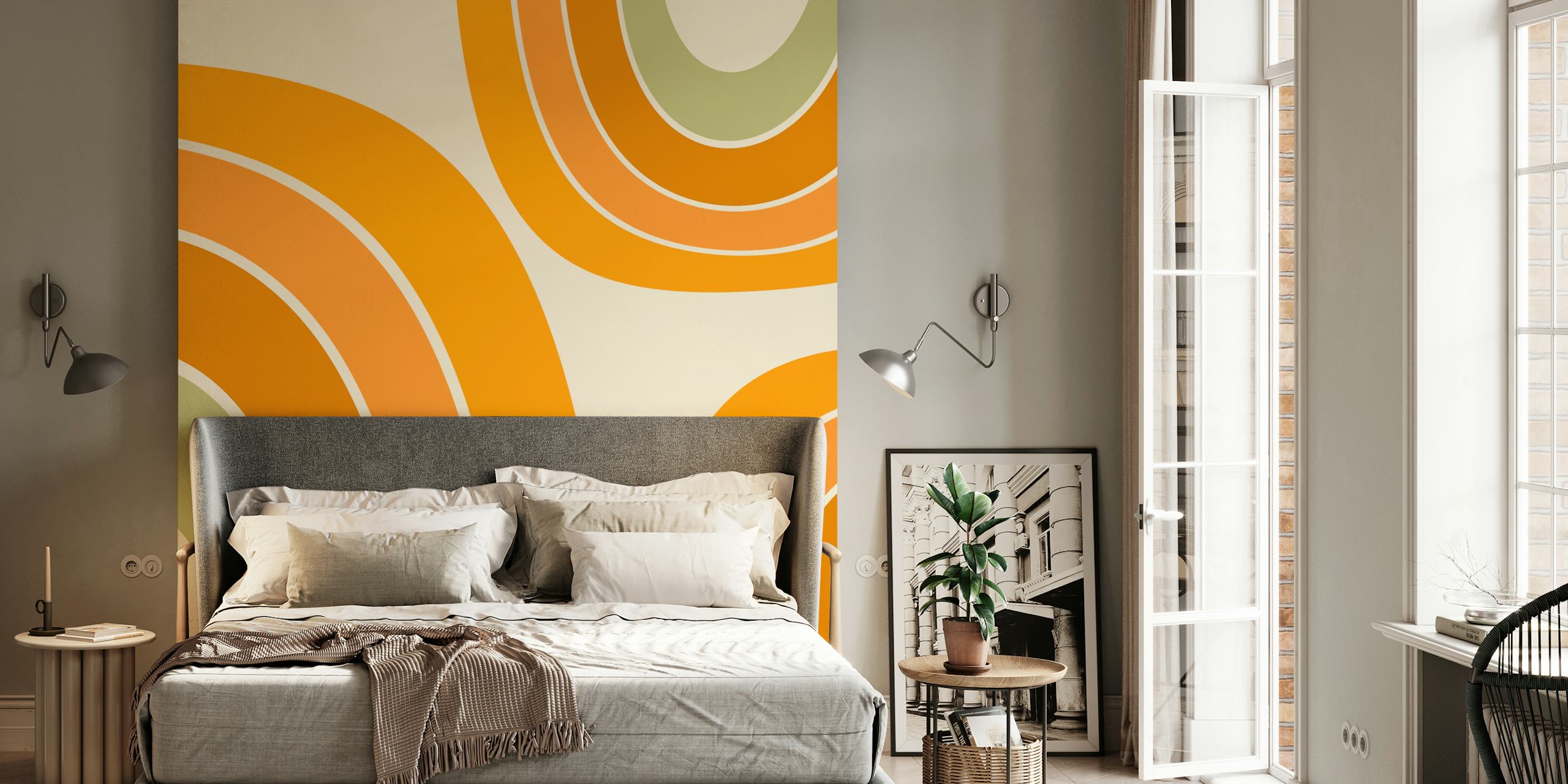 Curved lines in orange and green on beige wallpaper