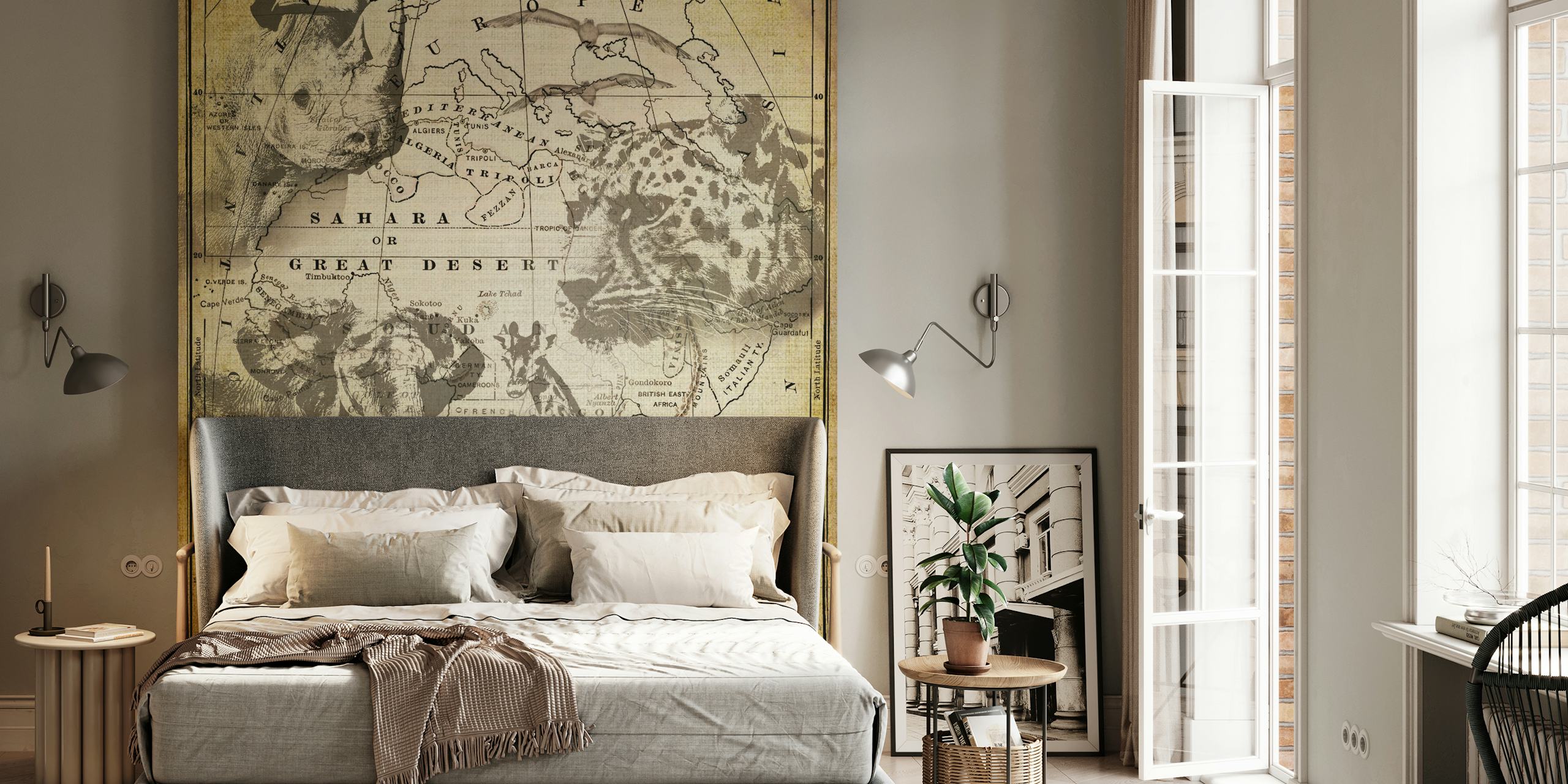 Vintage wildlife map featuring elephants, giraffes, leopards, and zebras in sepia tones wallpaper
