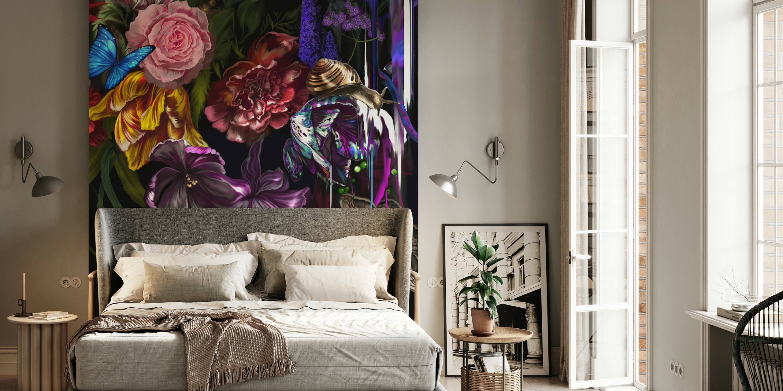 Vibrant floral wallpaper design in a room
