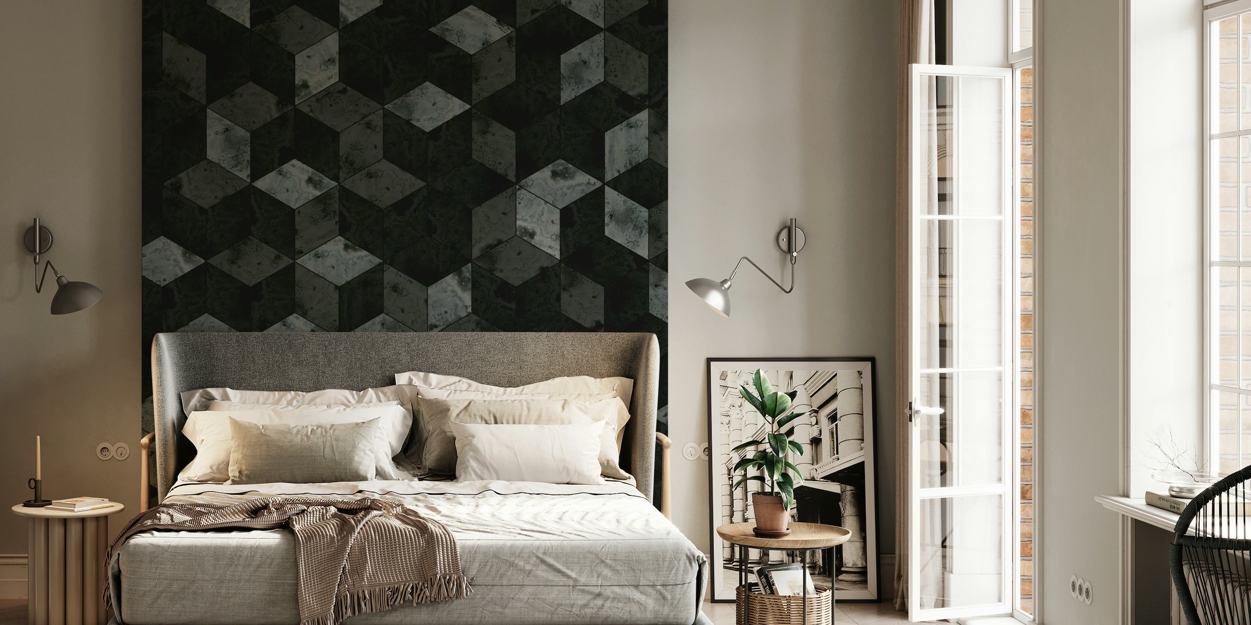 Dark Marble Cubes wall mural with geometric 3D design in shades of black and gray
