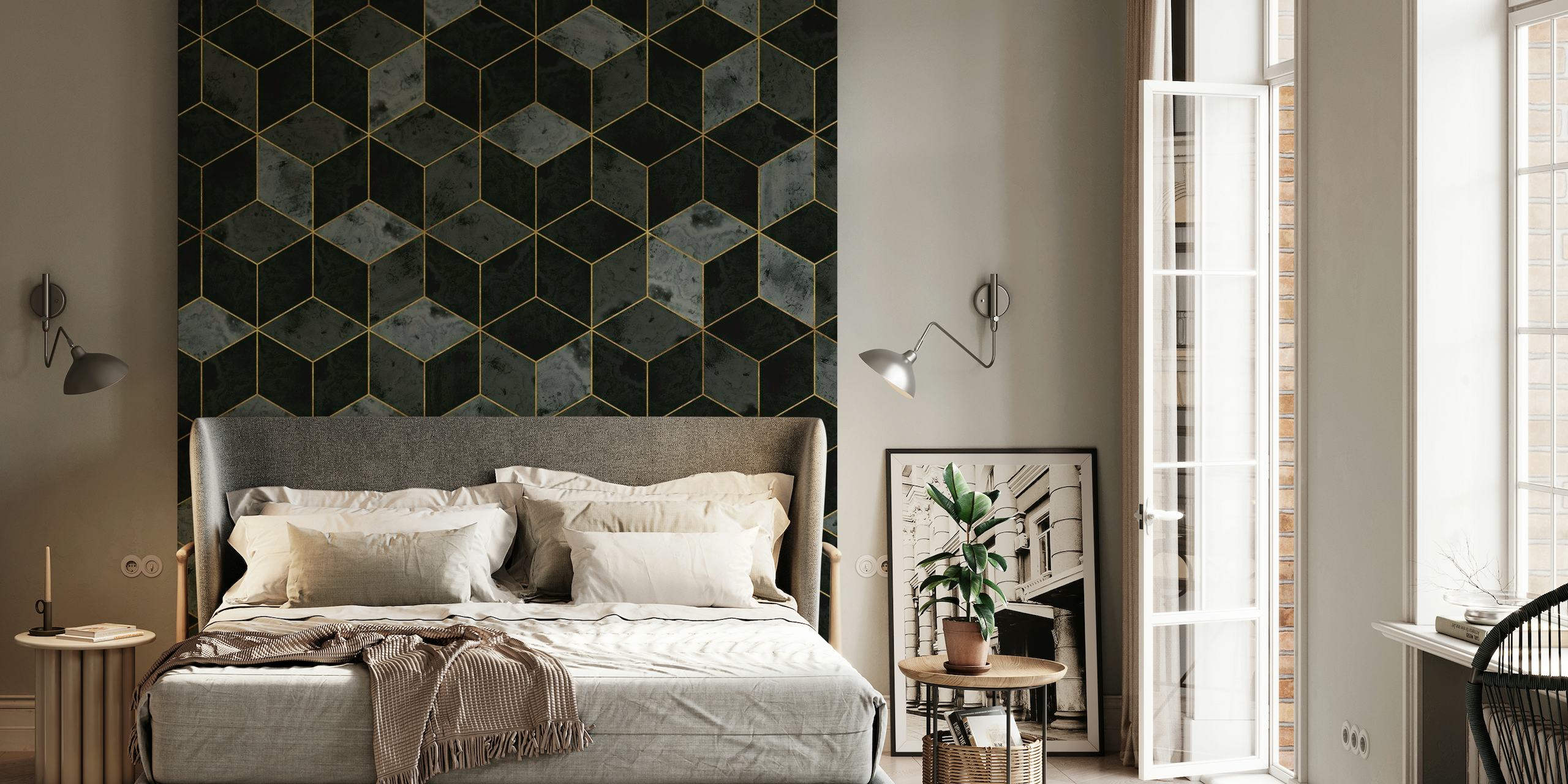 Dark marble cubes with gold accents wall mural