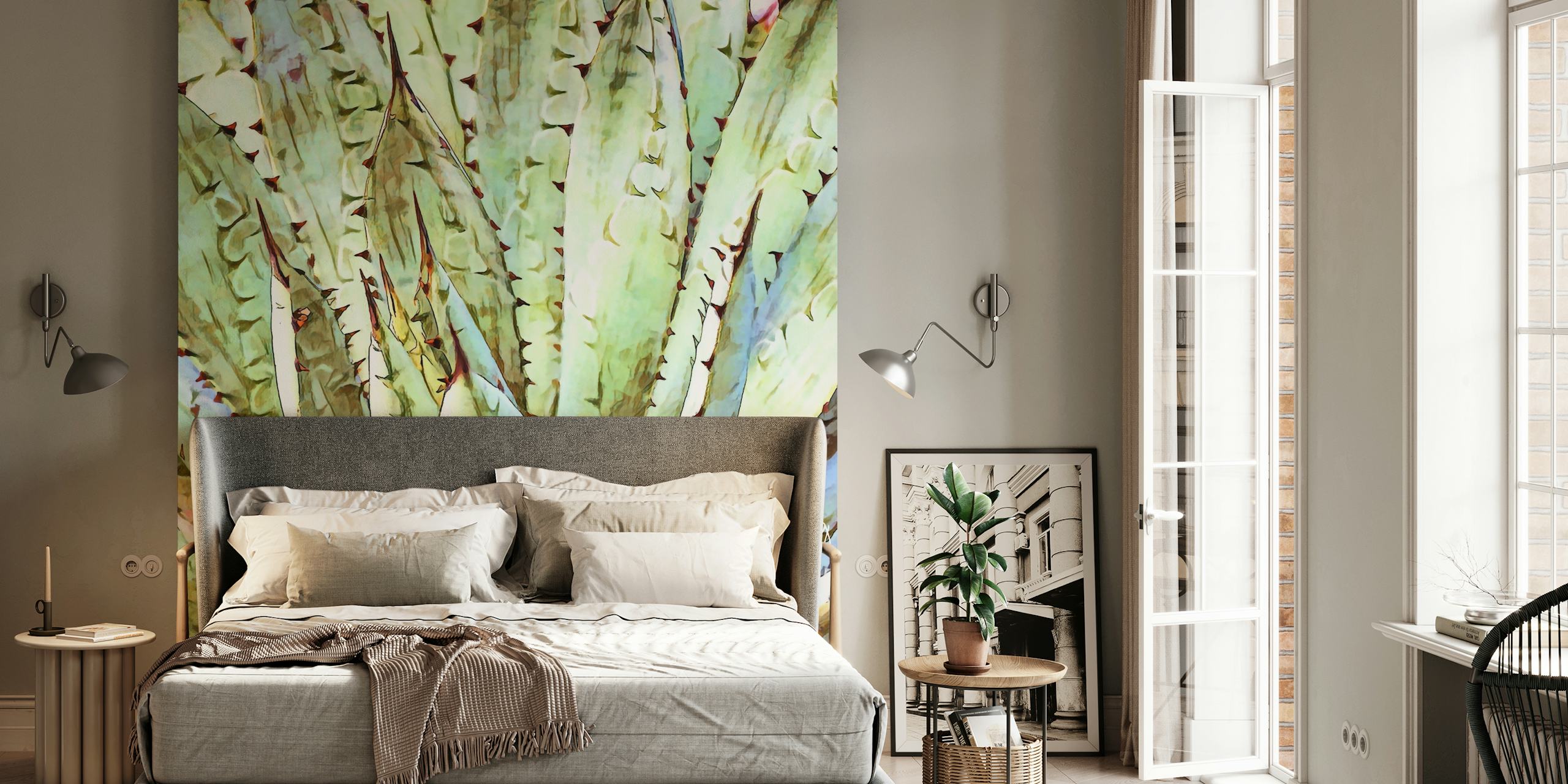 Soft Green Agave wallpaper displayed in a room