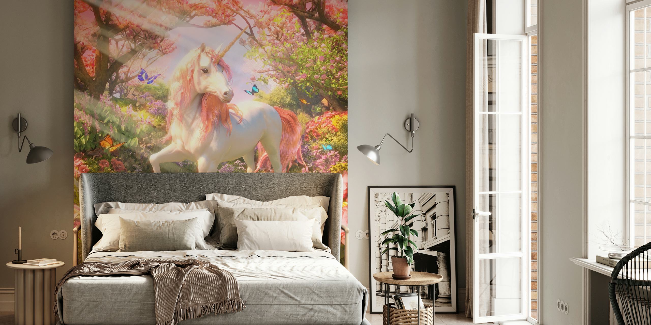 Enchanted unicorn in a spring meadow wall mural with butterflies and flowers.