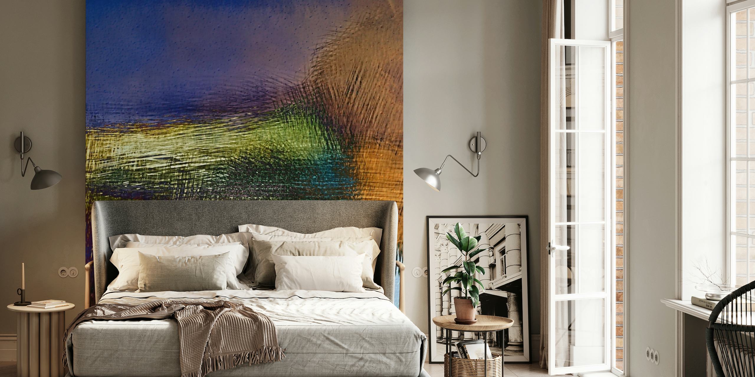 Abstract art wall mural featuring deep blues, earthy browns, and hints of moonlit white strokes