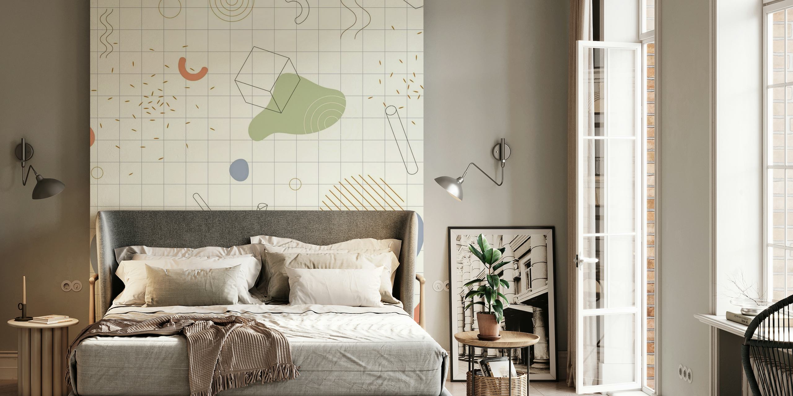 Minimalist topographic abstract wall mural with pastel shapes and lines