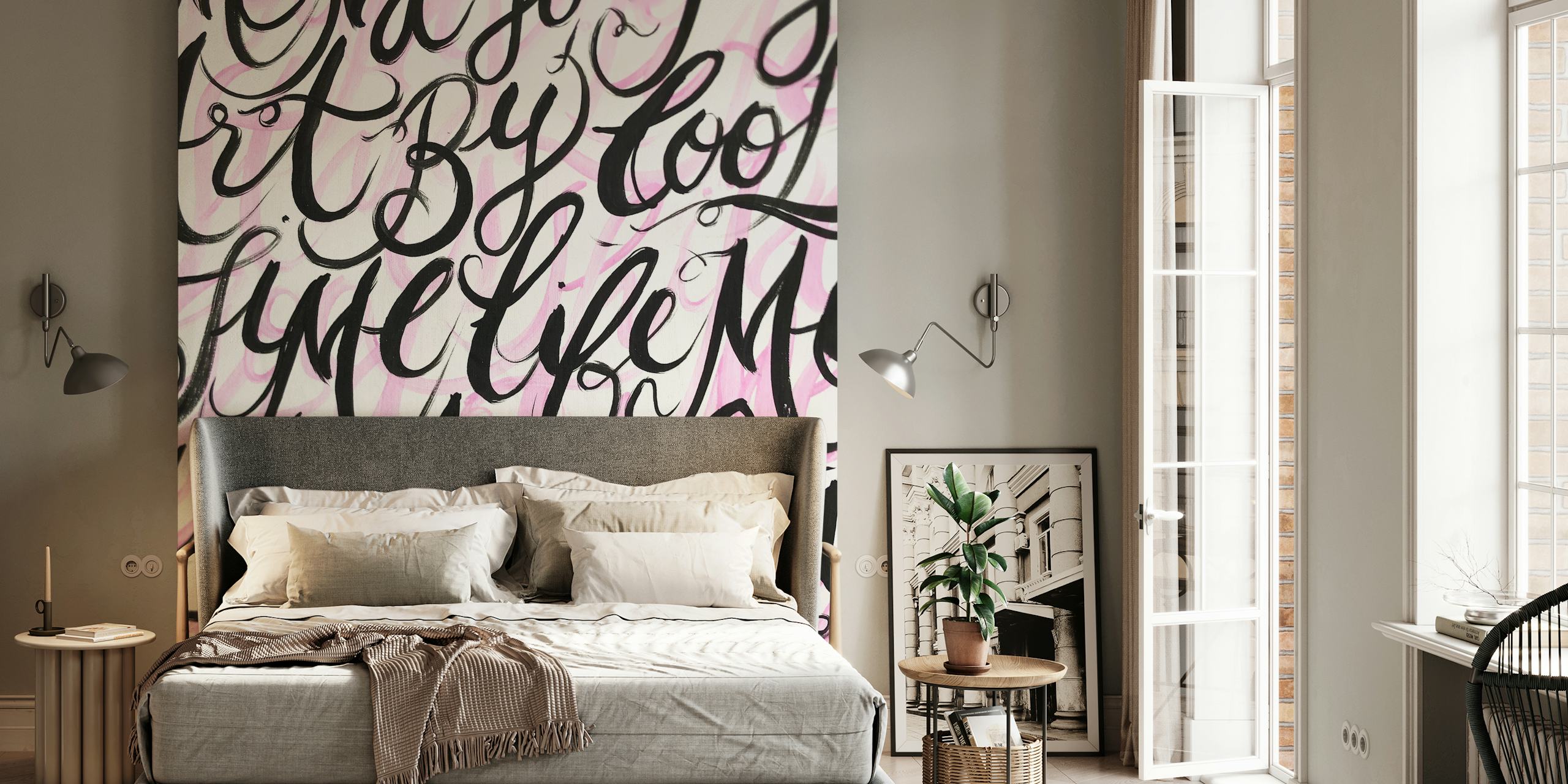 Black abstract lettering on a pink background wallpaper