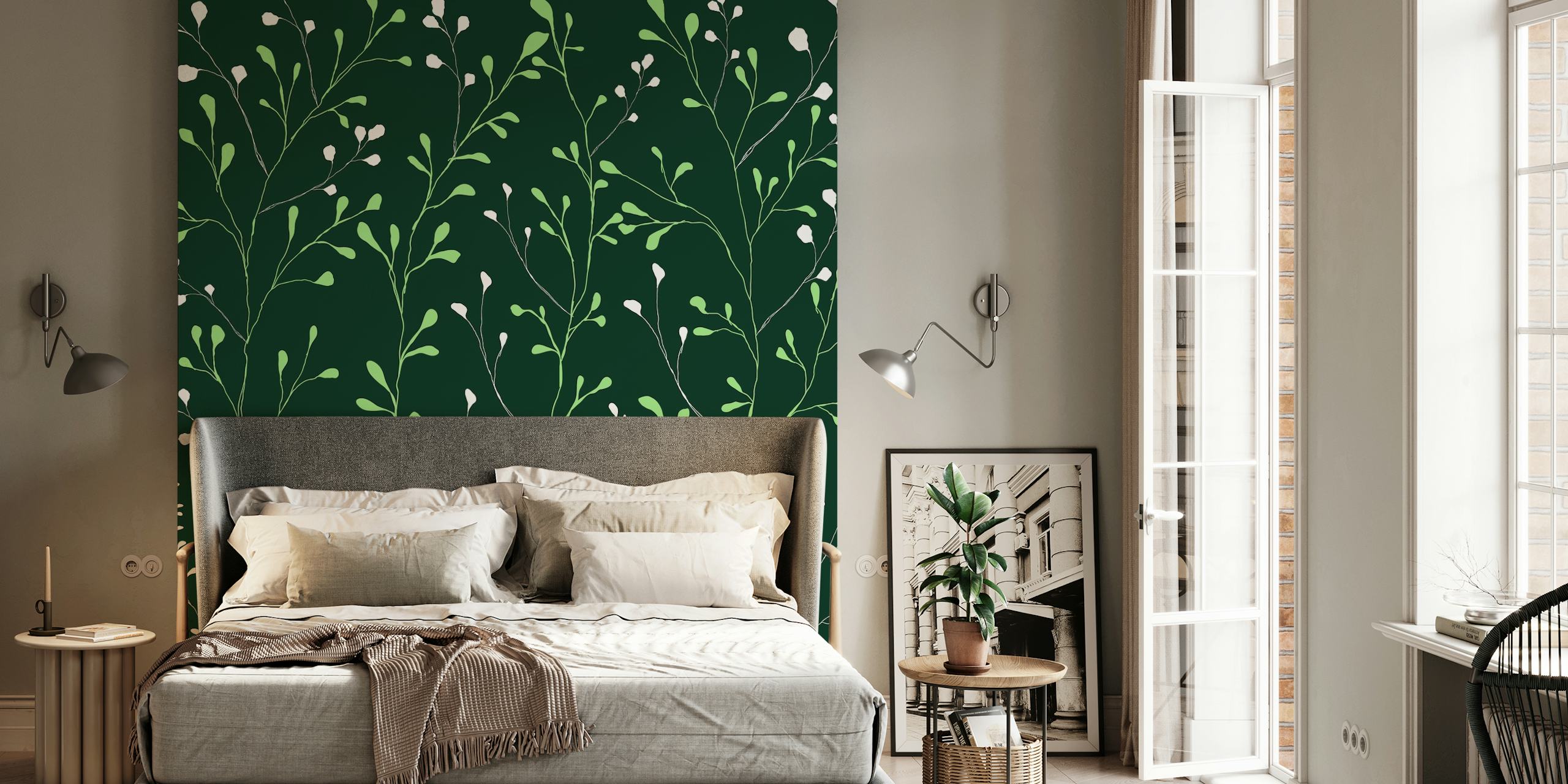 Green botanical leaves wallpaper in a room
