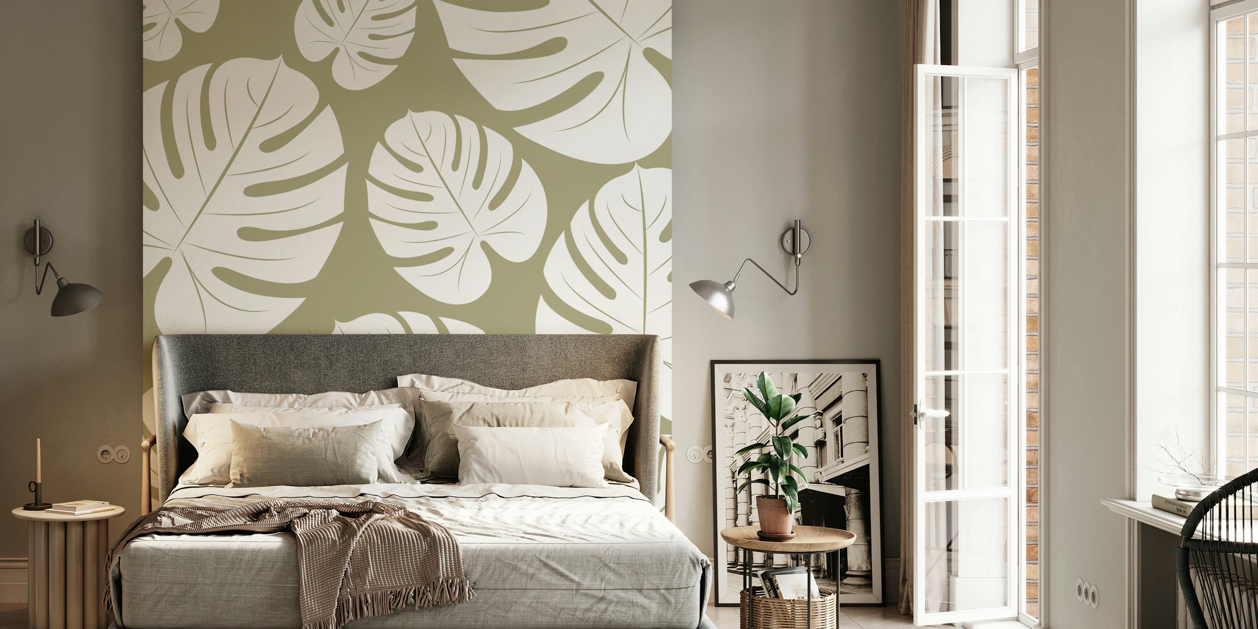 Palm leaves pattern in moss green wallpaper