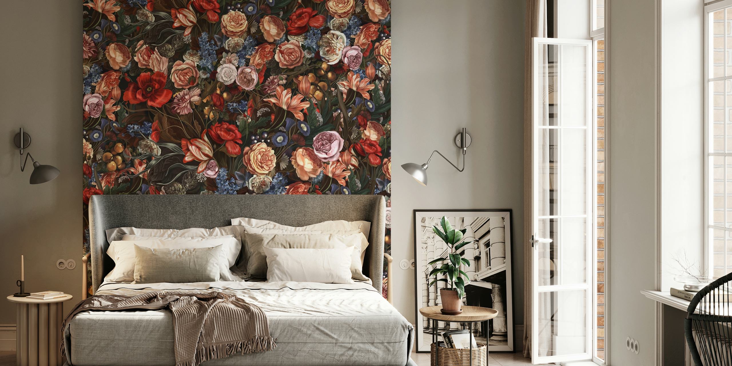 Floral pattern with roses, peonies, and blue flowers on dark background wallpaper