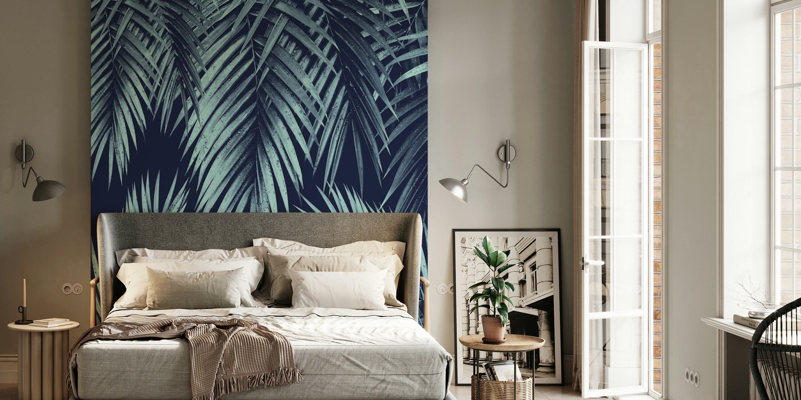 Palm Leaf Jungle Night Vibes fotobehang met donkere achtergrond