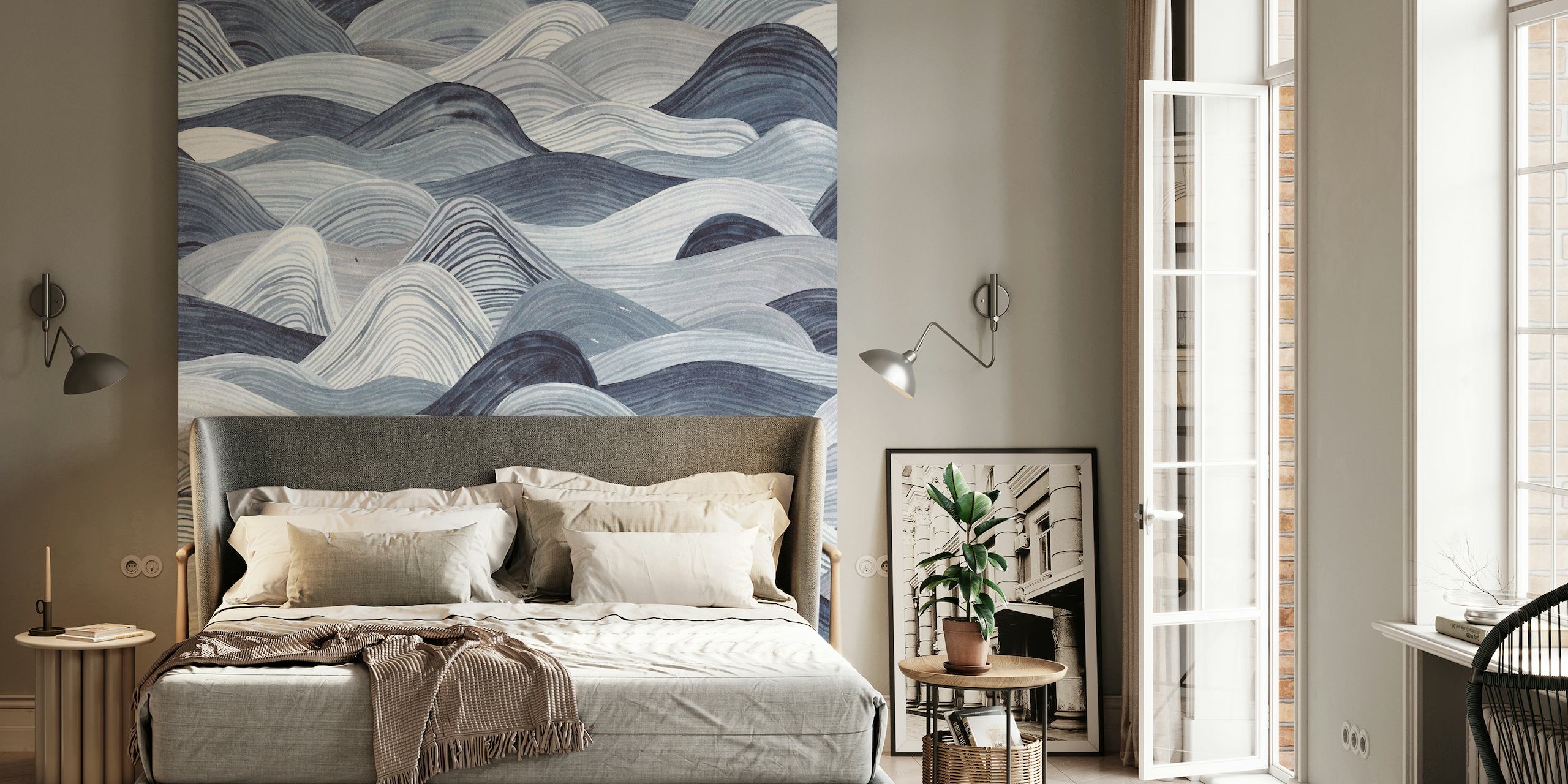 Abstract watercolor waves in shades of gray and white wall mural