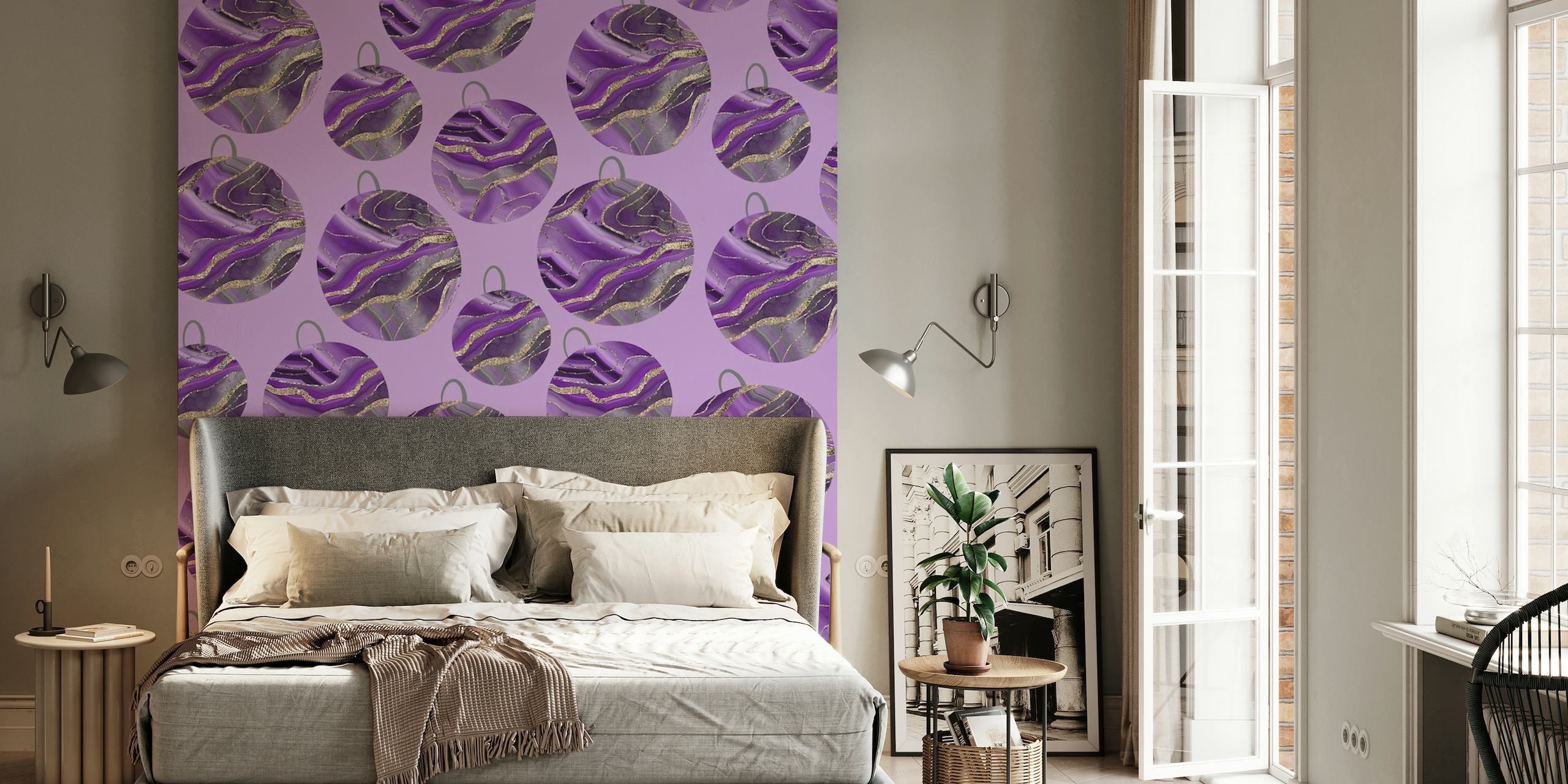 Christmas balls with glittering swirls on a purple background wall mural