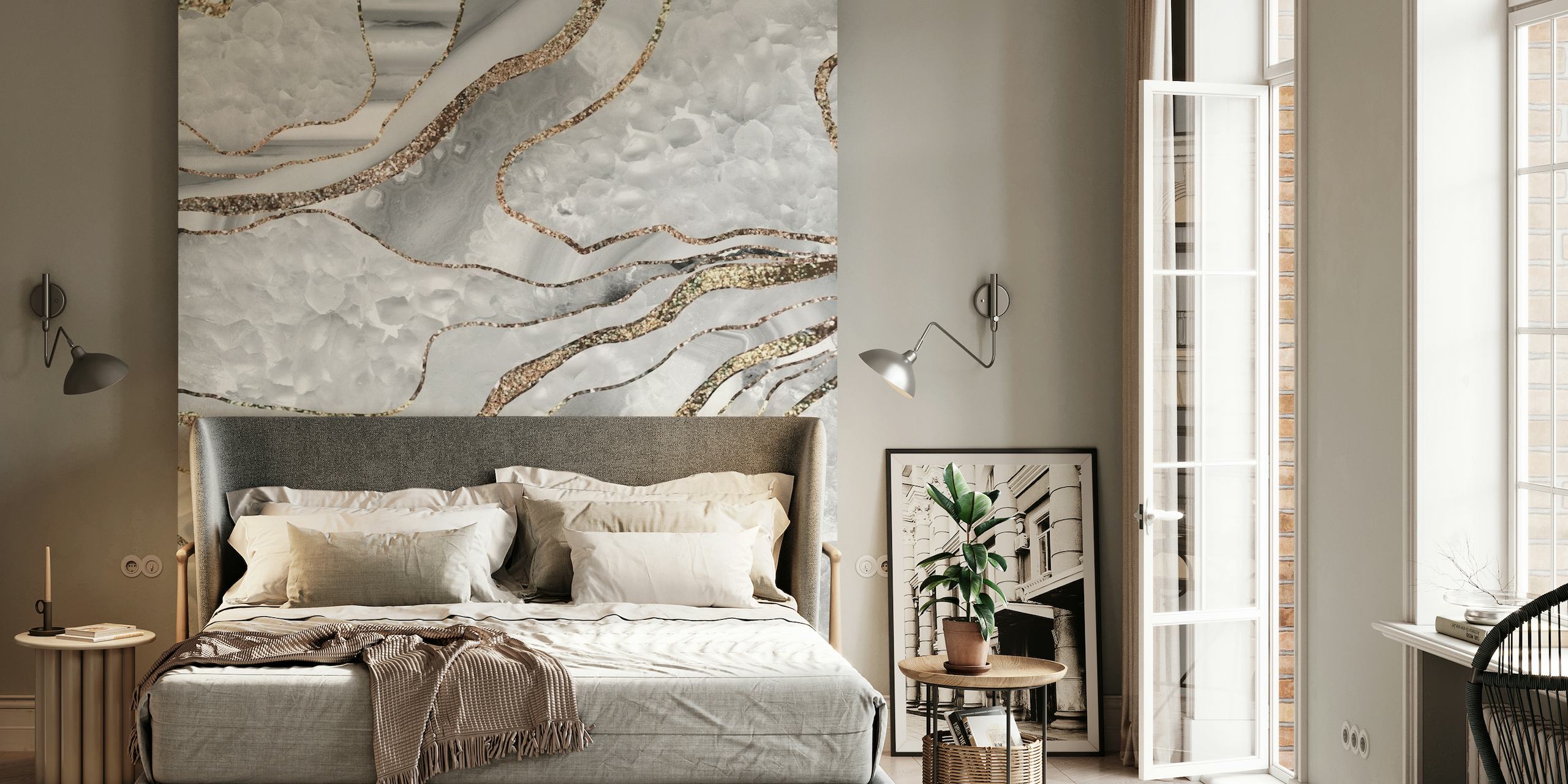 White and gold agate-patterned wall mural with glitter accents