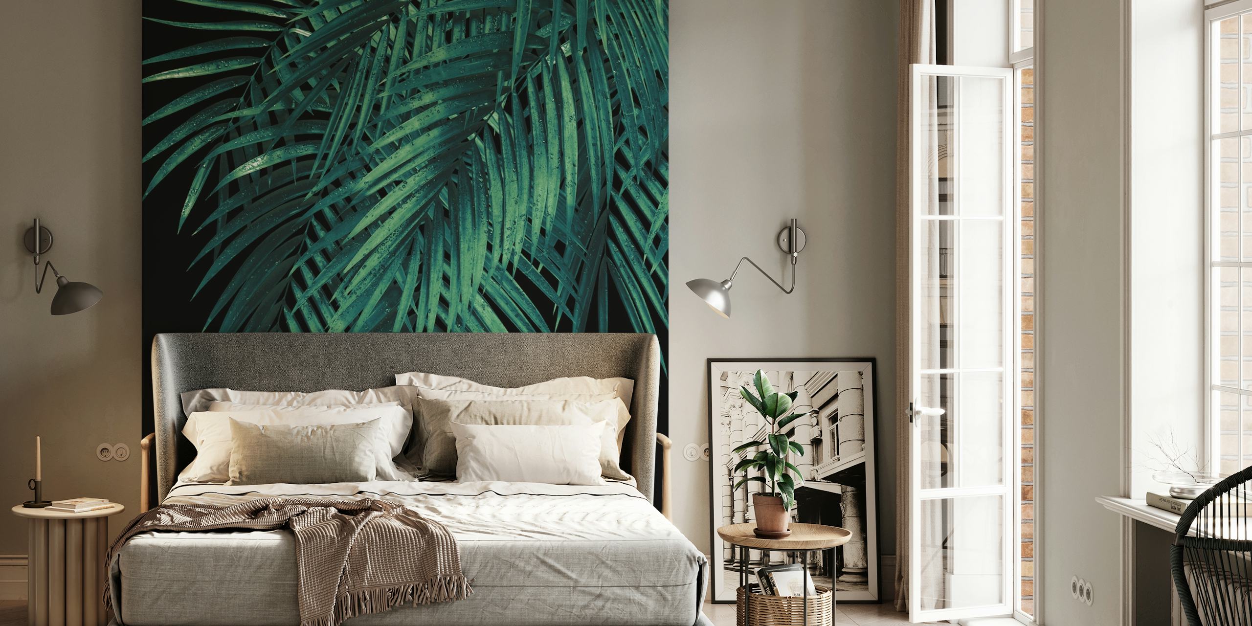 Verdant palm leaves against a dark night backdrop wall mural