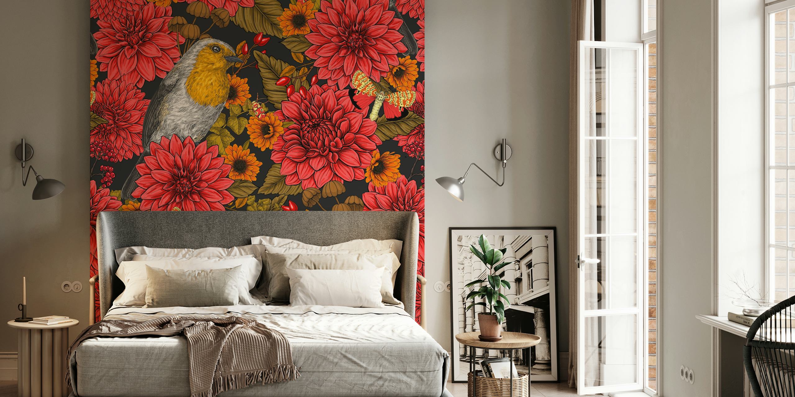 Colorful robins and flowers on a dark background wallpaper