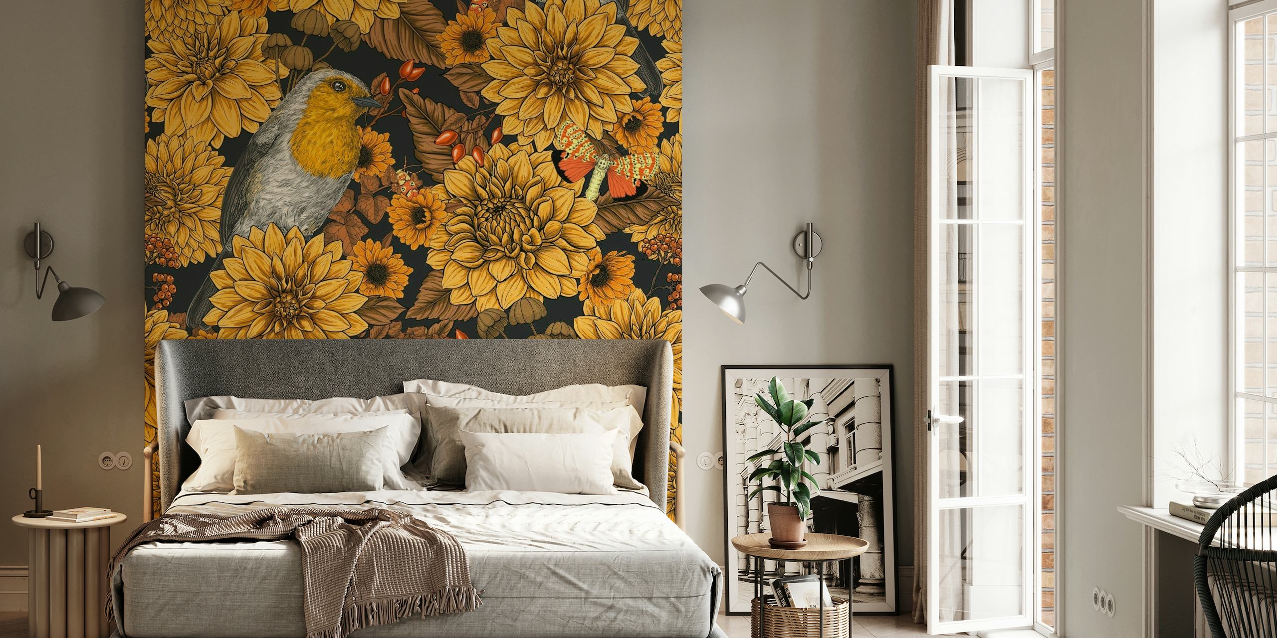 A wall mural with robins among golden chrysanthemums on a dark background, evoking a garden at dusk.