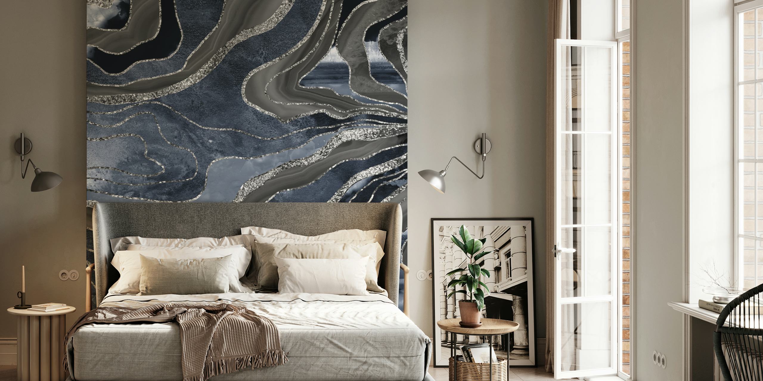 Blue black agate silver wallpaper in a room