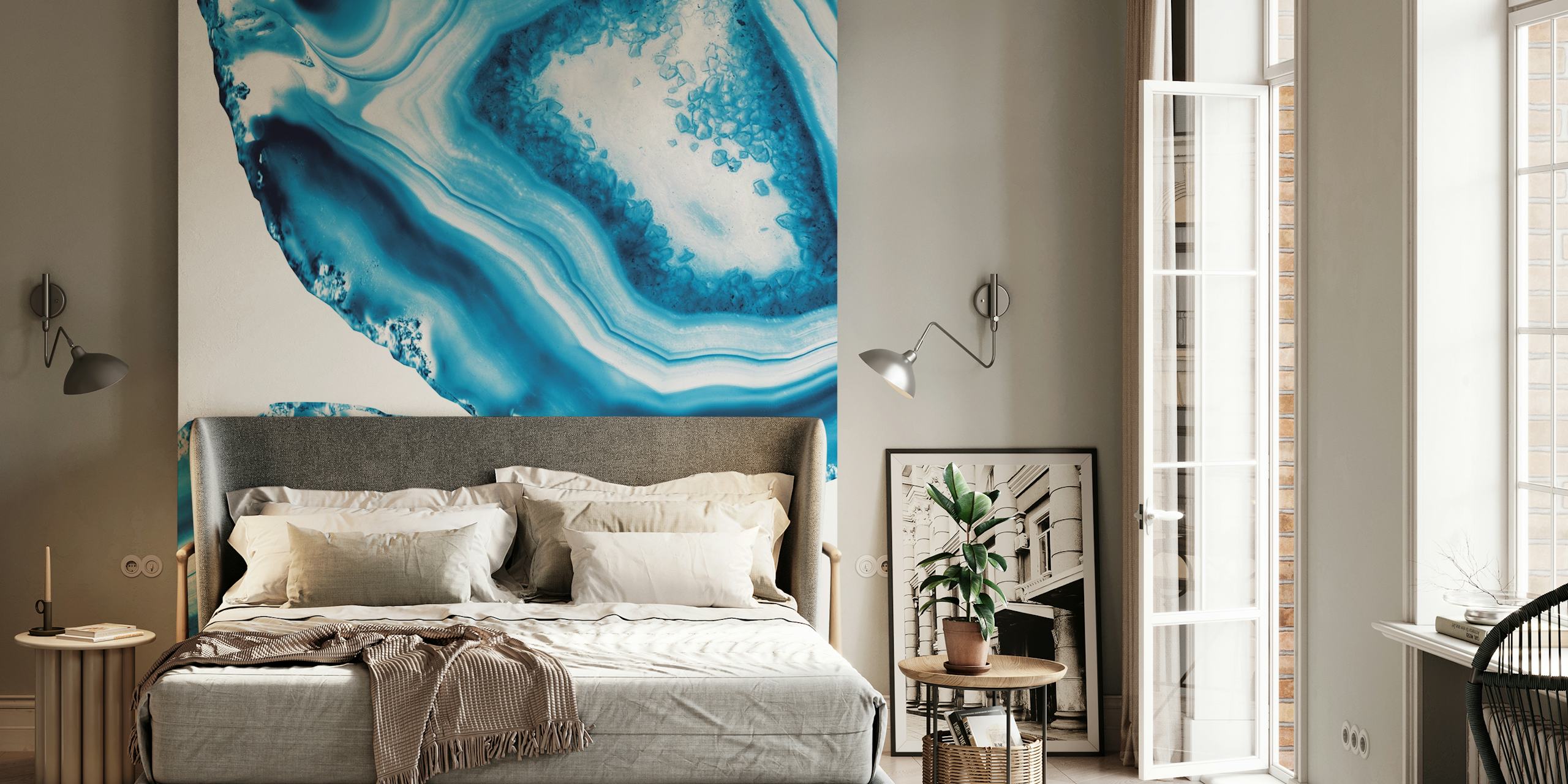 Geometric blue agate pattern wallpaper with deep blue and white hues