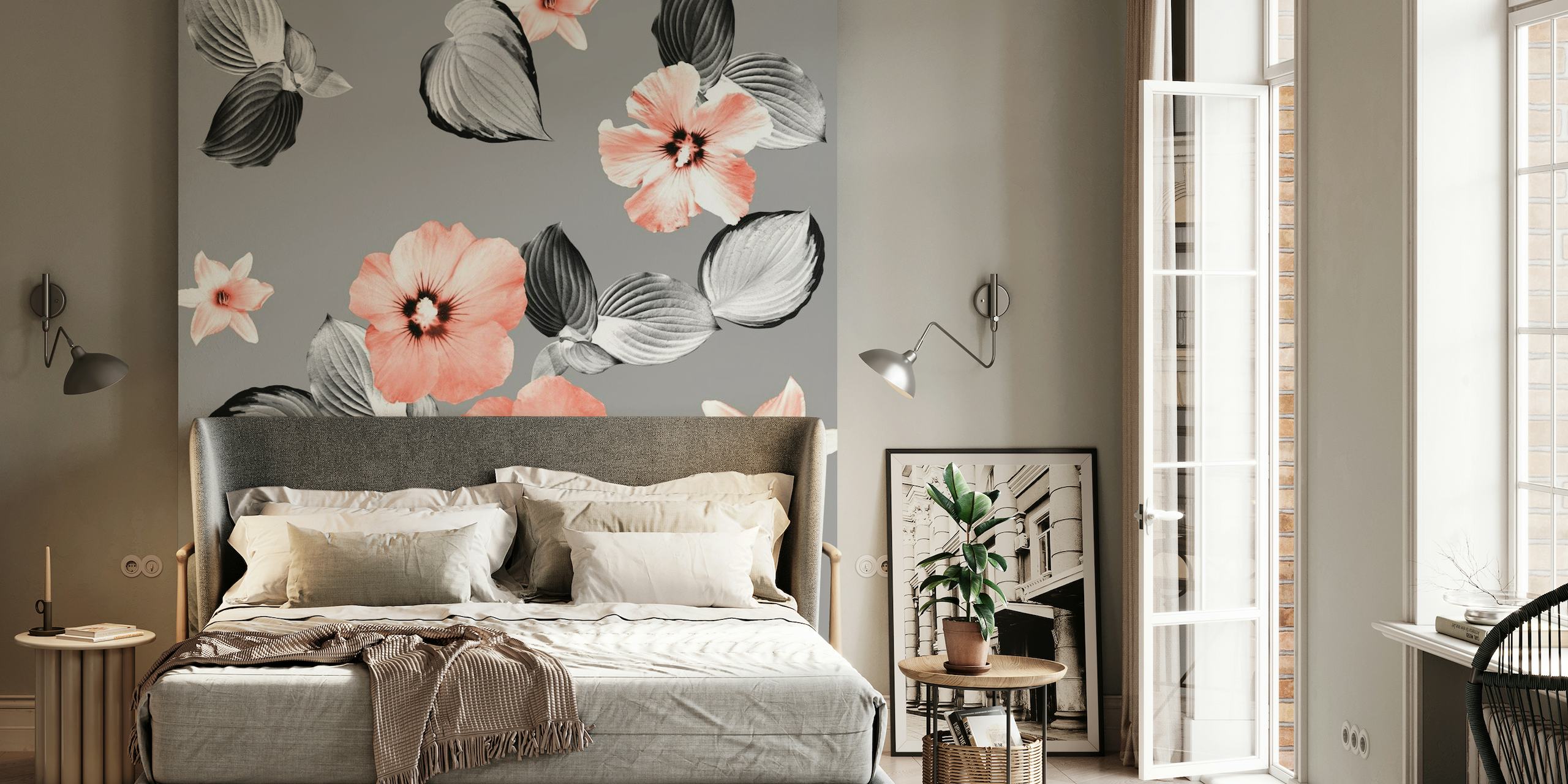 Living Coral flowers with monochrome leaves wall mural