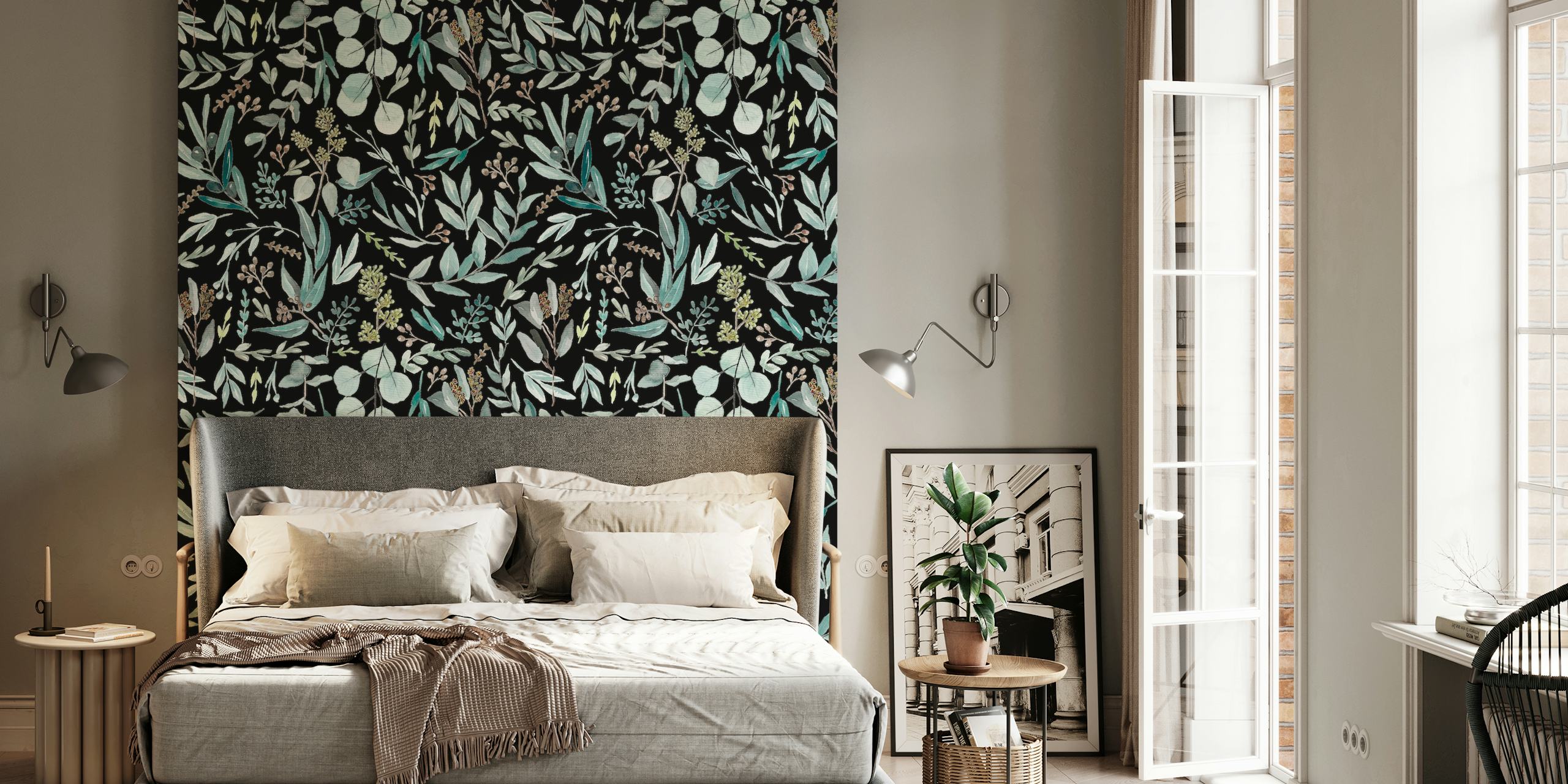Black floral design with eucalyptus leaves and blossoms wallpaper