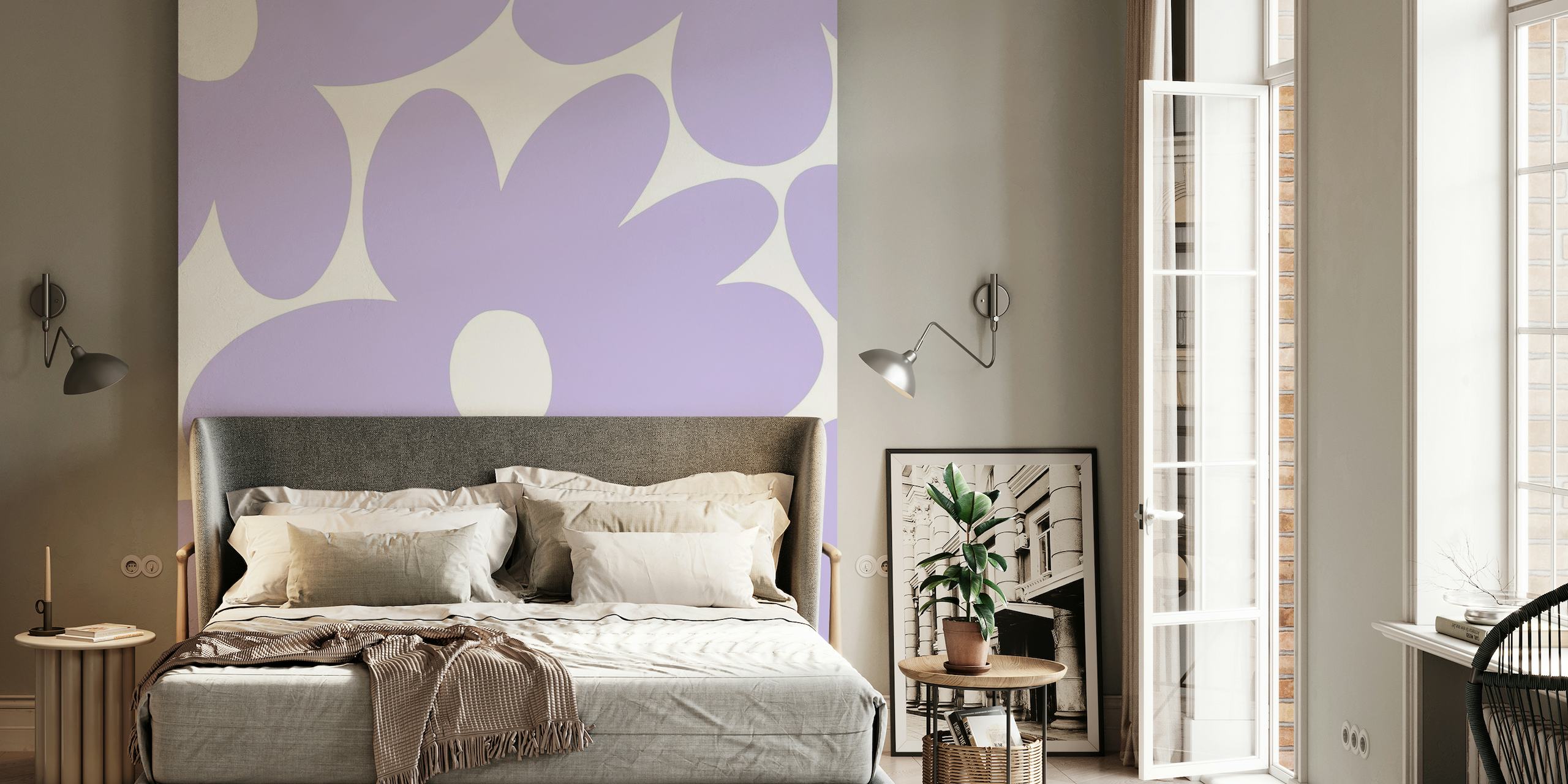 Retro daisy flowers wall mural in lavender and white palette