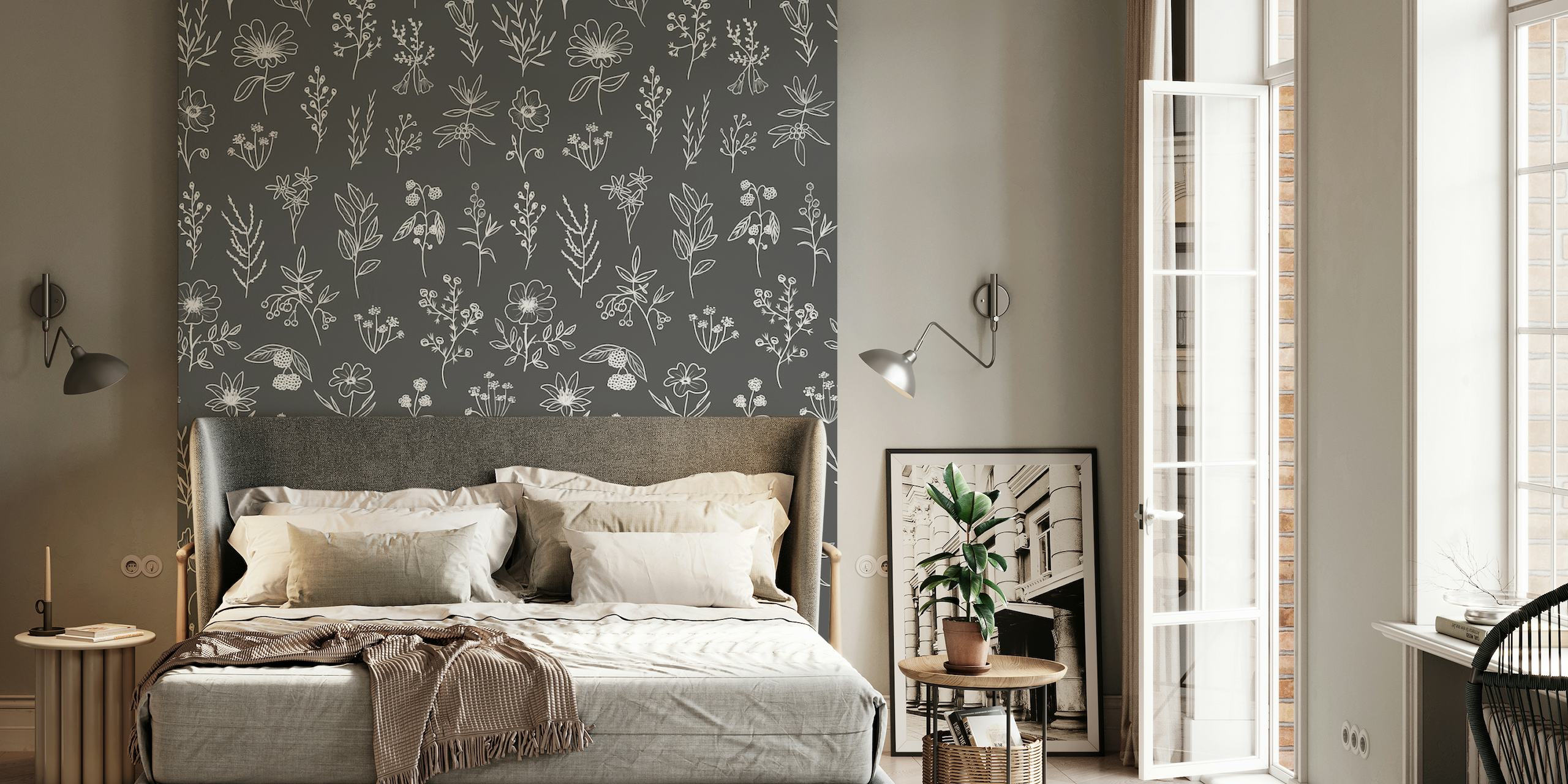 Seamless Grey LineArt Flowers wallpaper