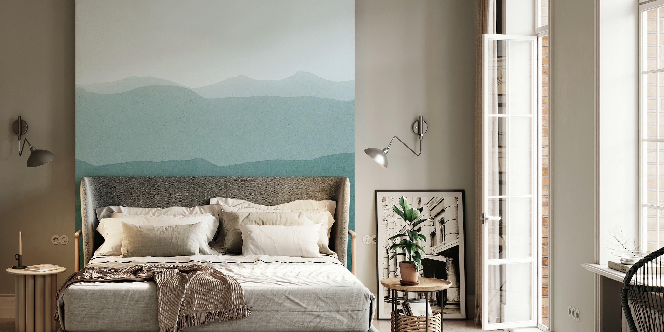 Soothing sage green gradient mountainscape wall mural