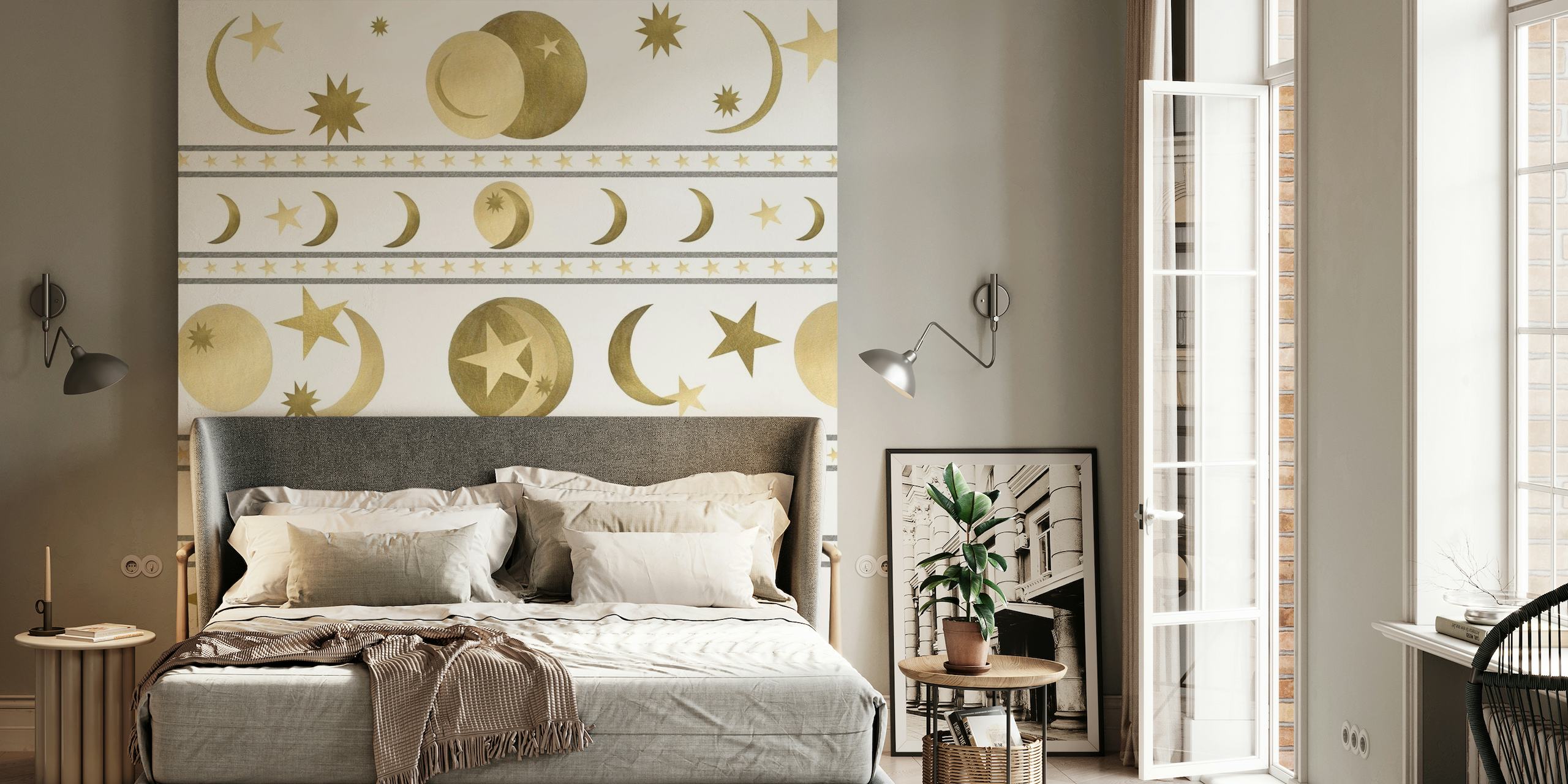 Dreamy golden celestial bodies on stripes wall mural