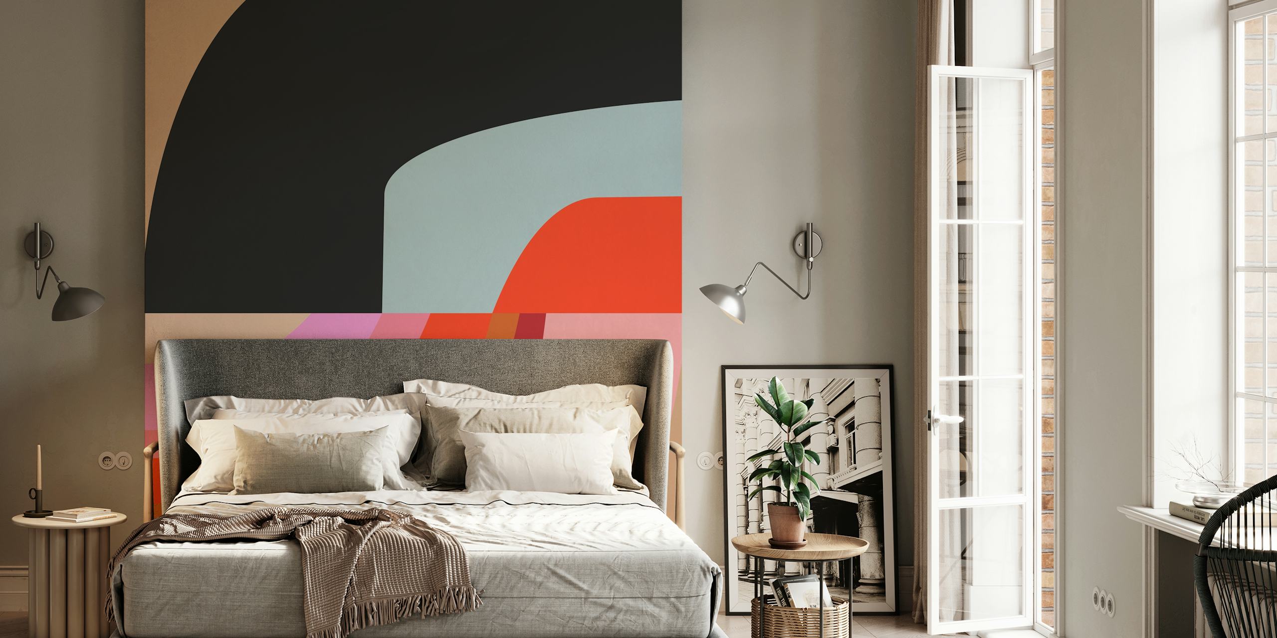 Colorful abstract waves in pink, red, black, and blue wallpaper