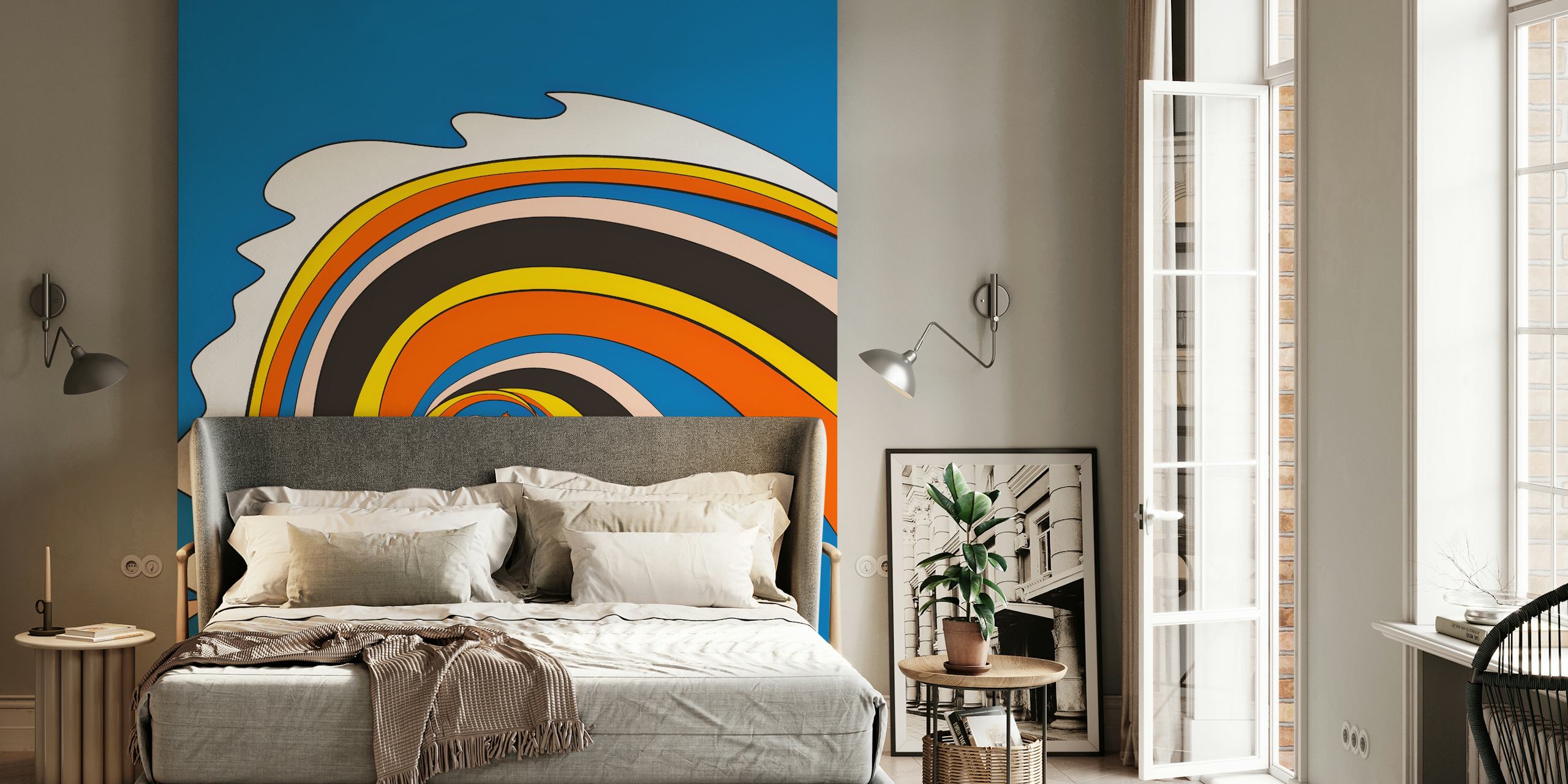 Colorful surfing wave illustration featuring blue, orange, yellow, and black tones in a modern wallpaper.