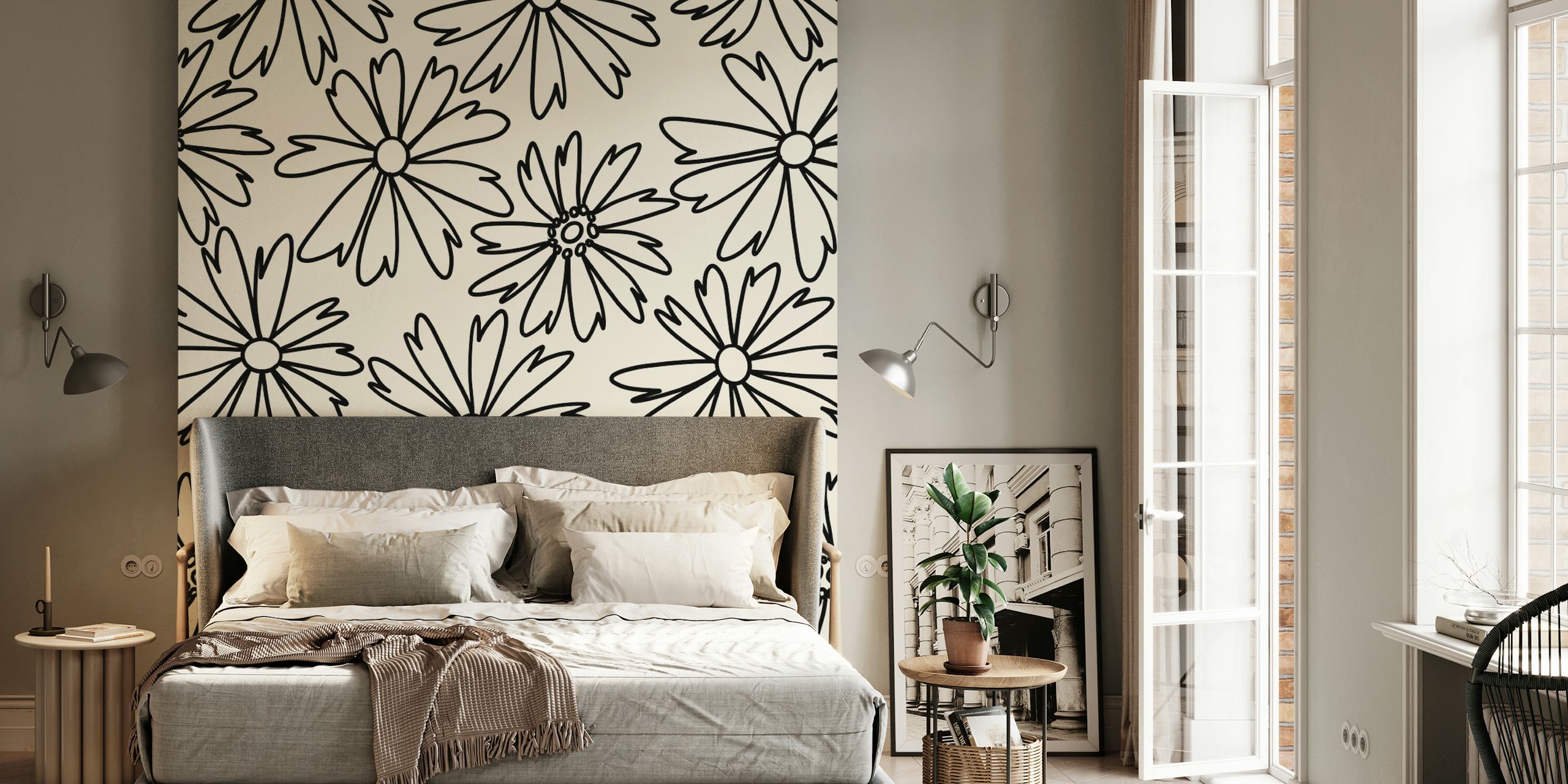 Black and white floral design wallpaper with bold outlines