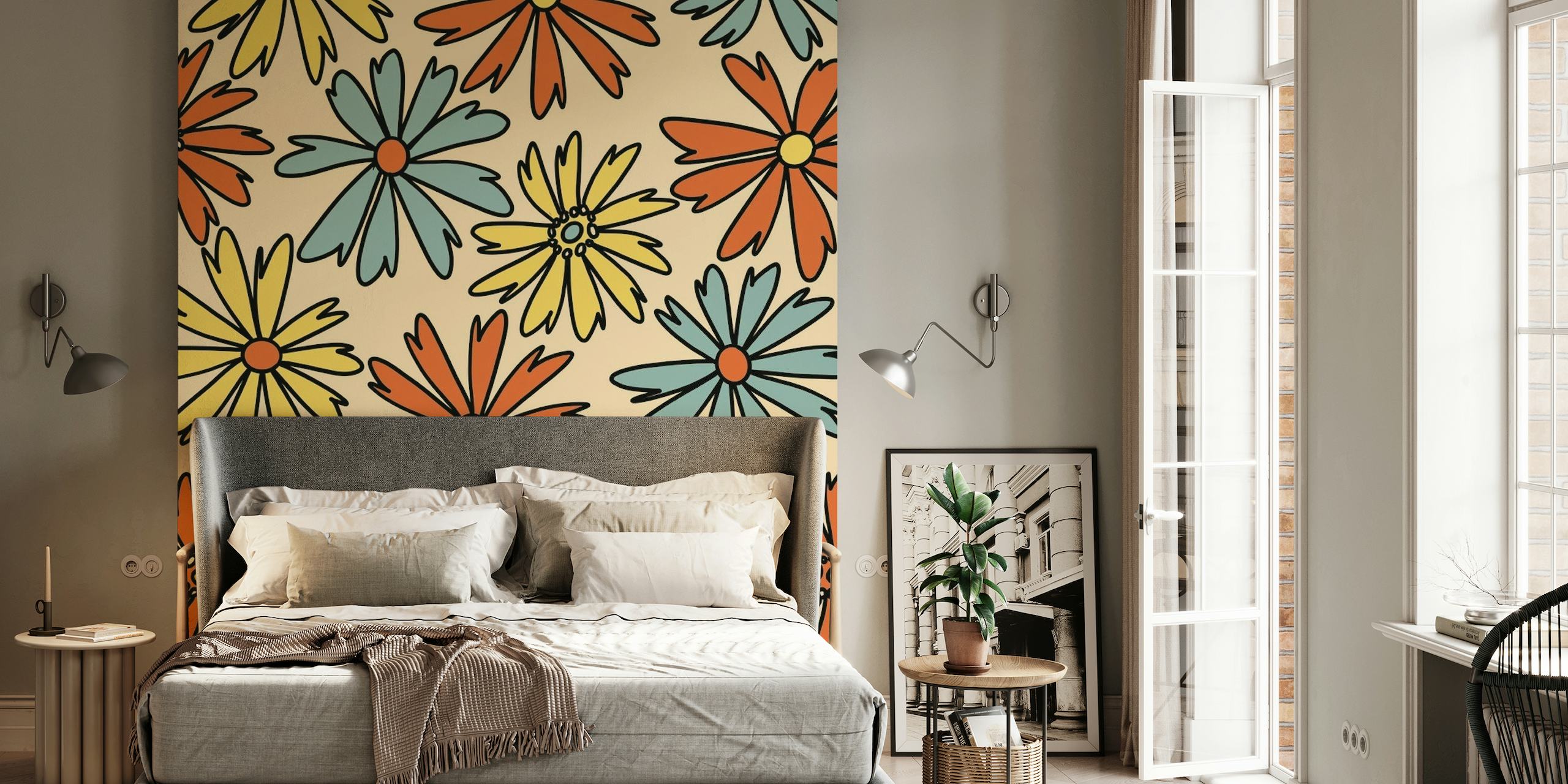 Stylized cosmea flowers in yellow, blue, and orange on a cream background wall mural