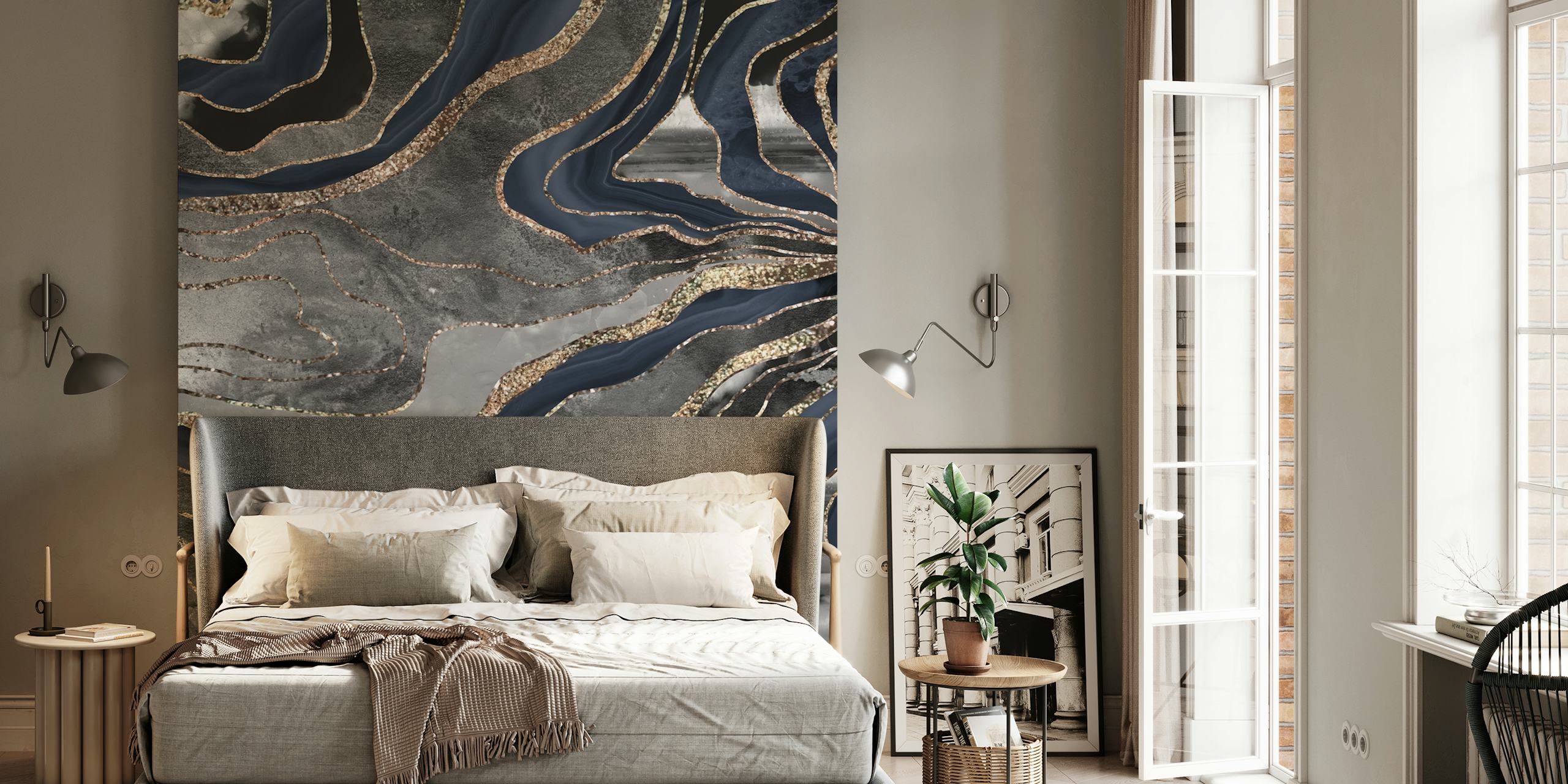 Padrão de mármore azul marinho e preto com detalhes dourados