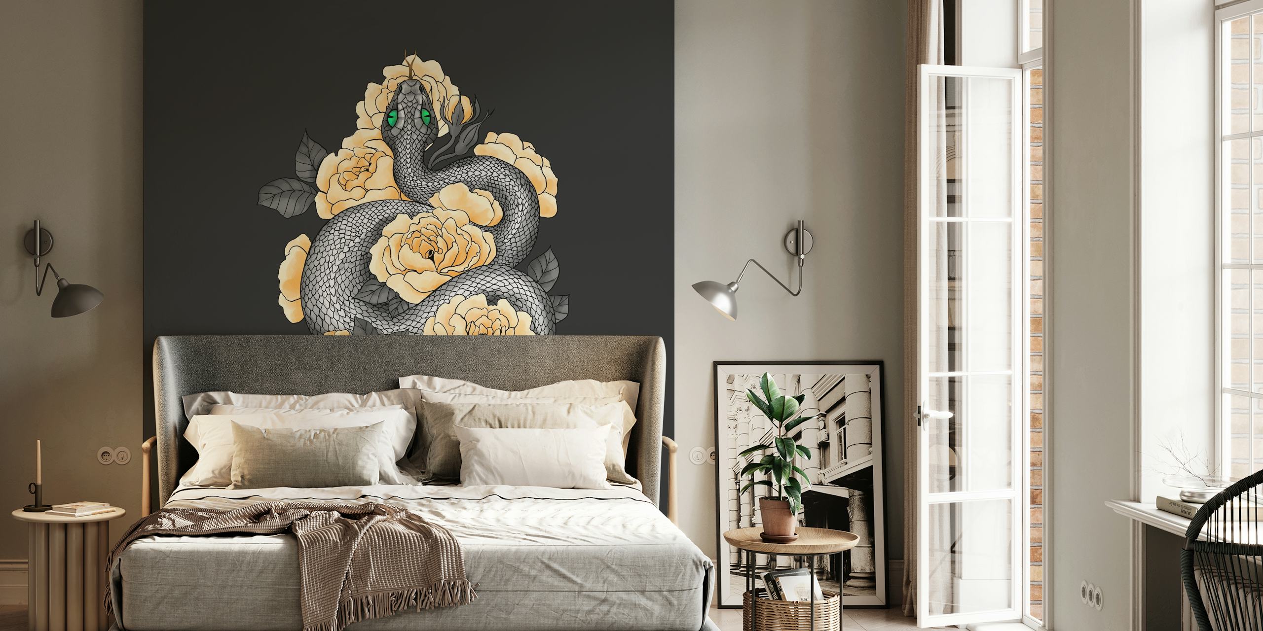 Snake entwined with yellow roses on black background wallpaper