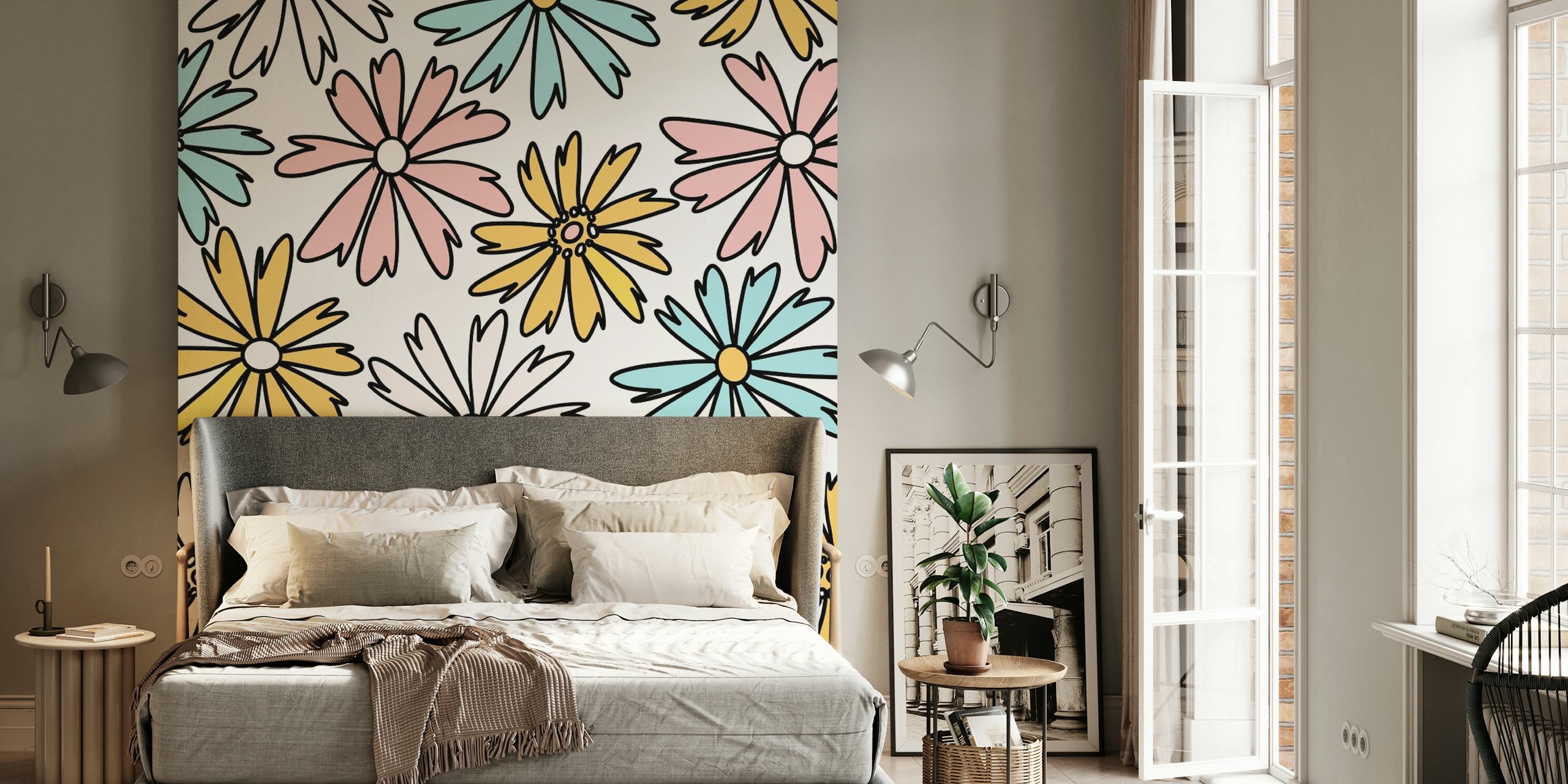 Pastel-colored cosmea flowers wall mural design