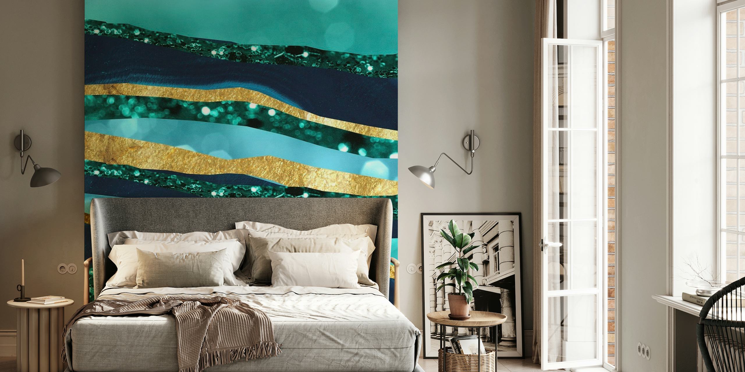 Abstrakcyjne warstwy górskie w kolorze turkusowym i niebieskim ze złotymi akcentami przypominającymi odbicia na wodzie w świetle księżyca.