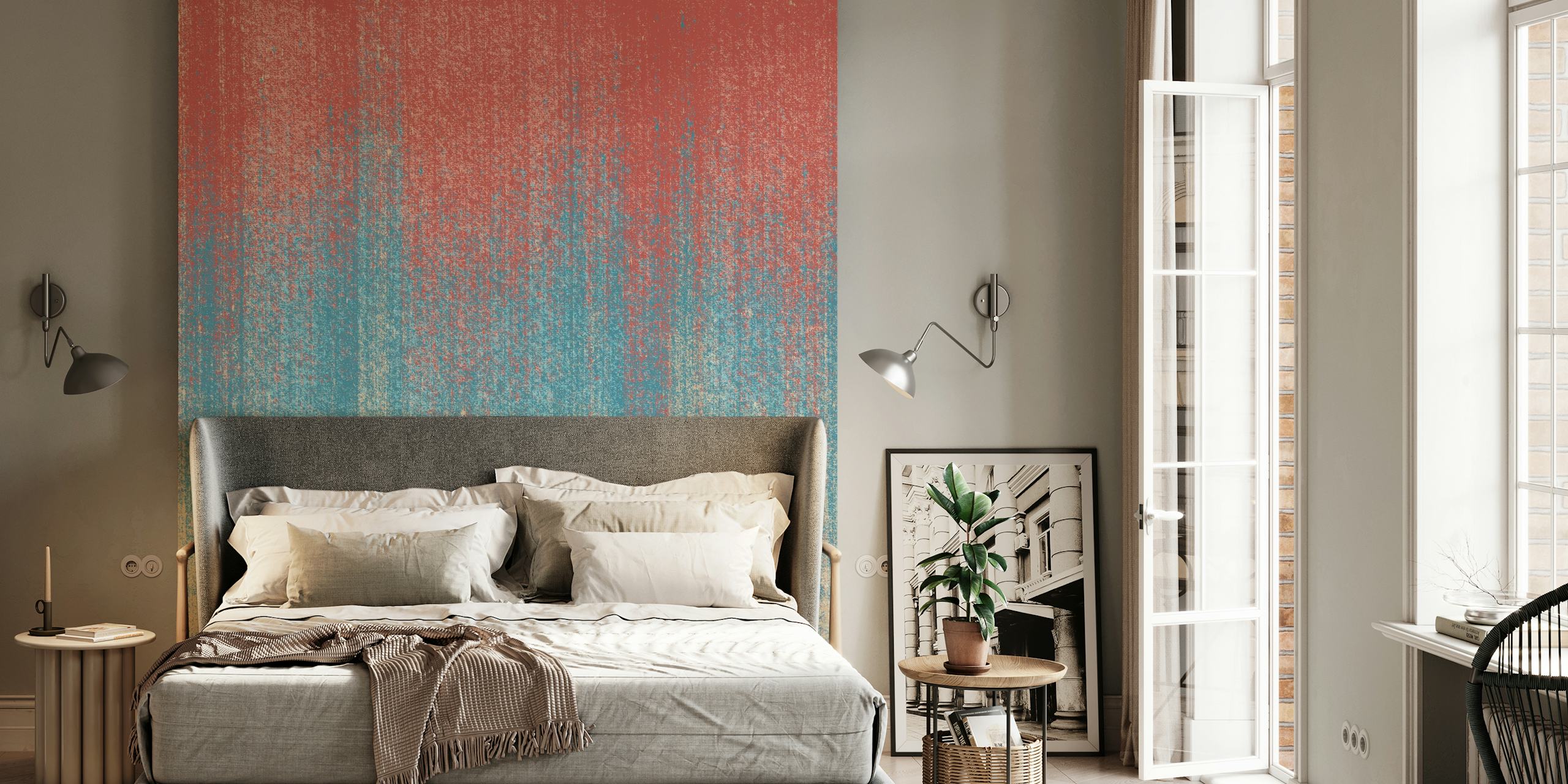 Abstract wallpaper with red, blue, and beige vertical streaks