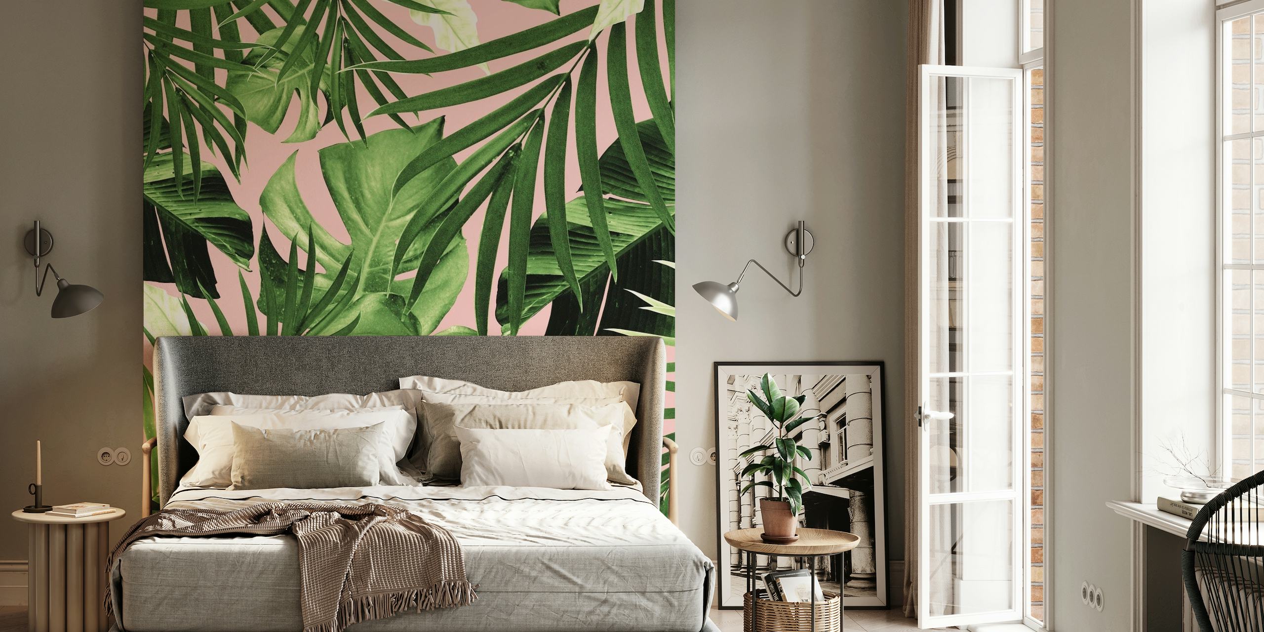 Tropische Jungle Leaves muurschildering met roze achtergrond