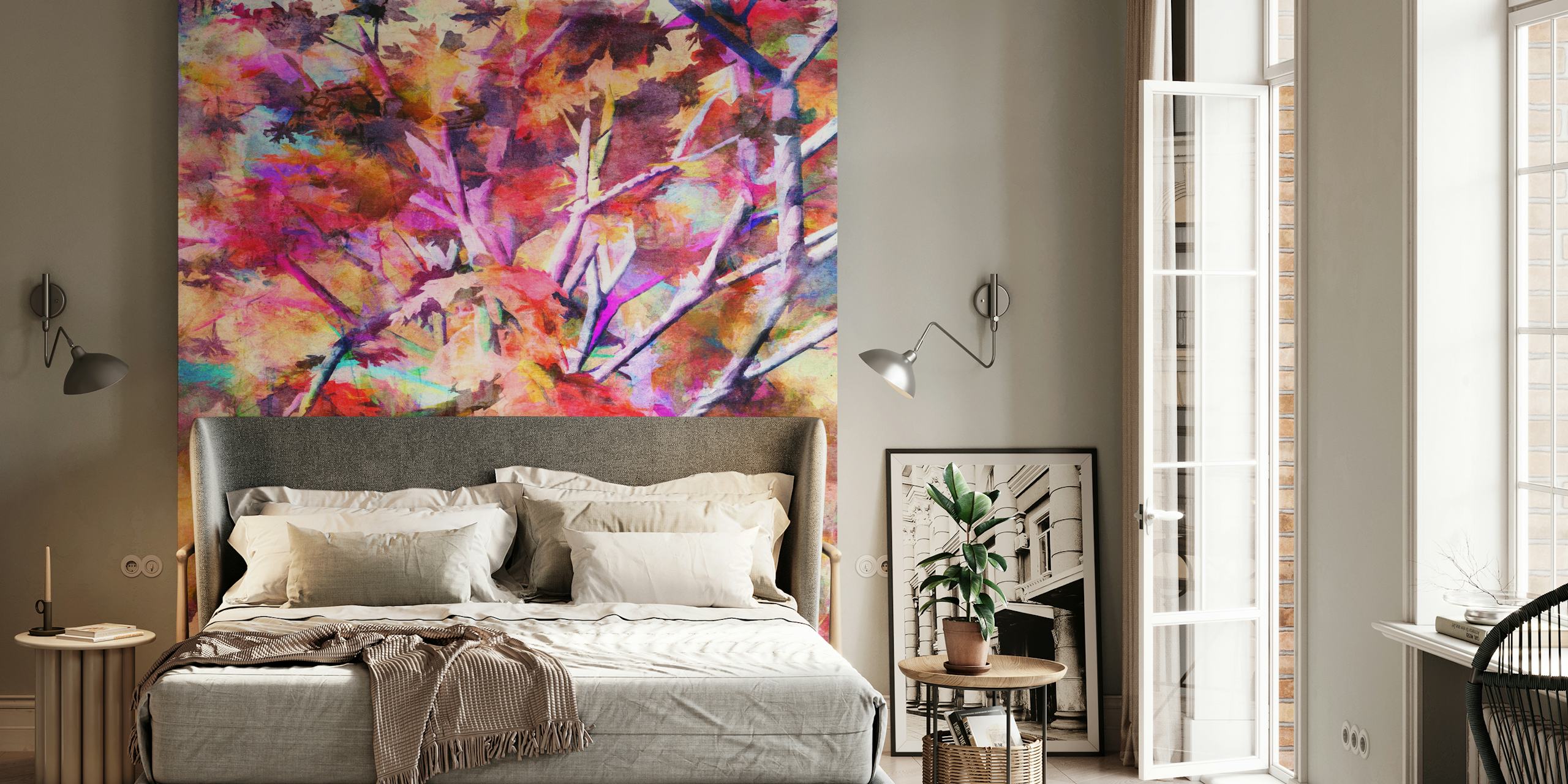 Colorful autumn tree branches with leaves in warm hues wallpaper